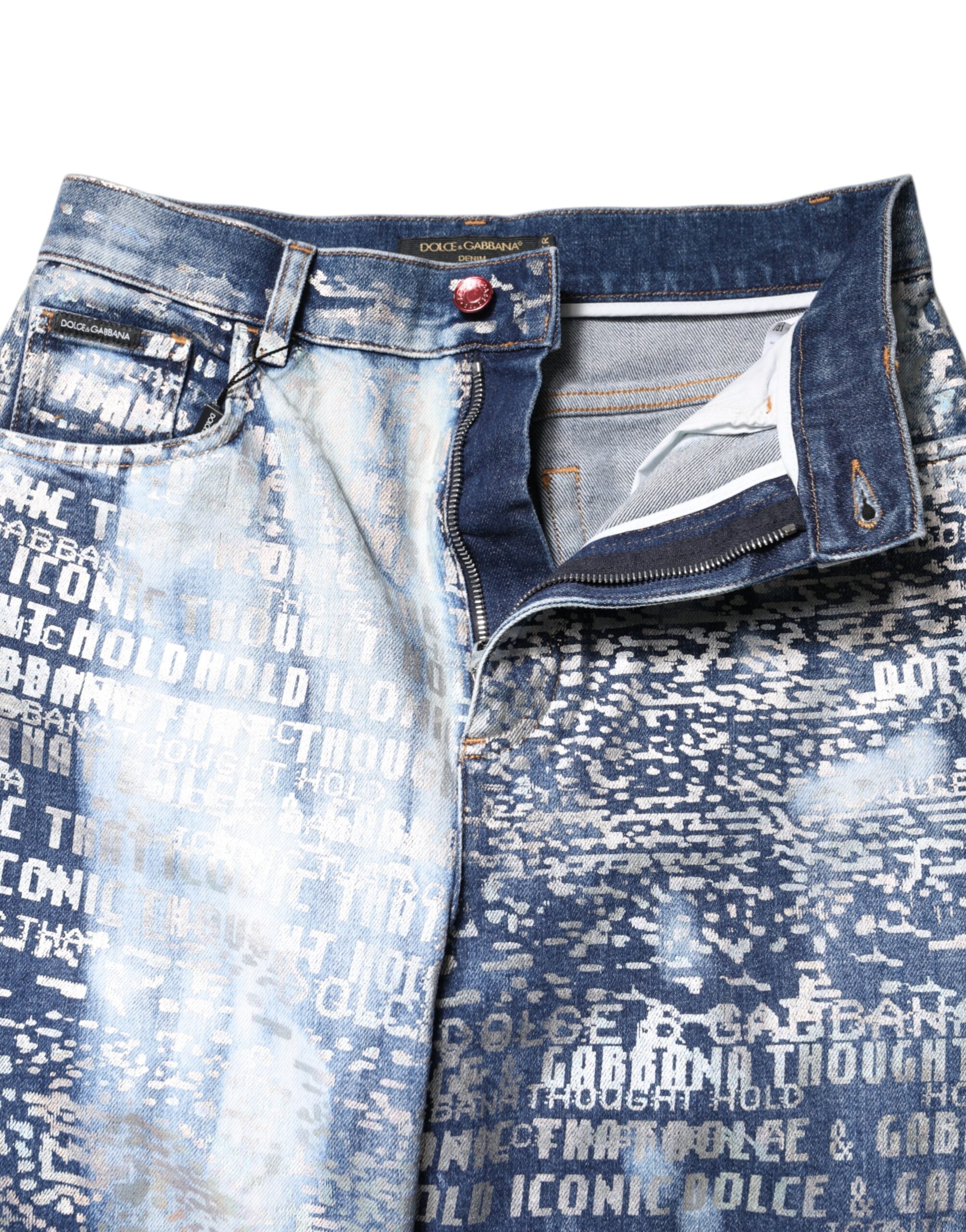 Dolce & Gabbana Blue Washed Print High Waist Denim Women's Jeans