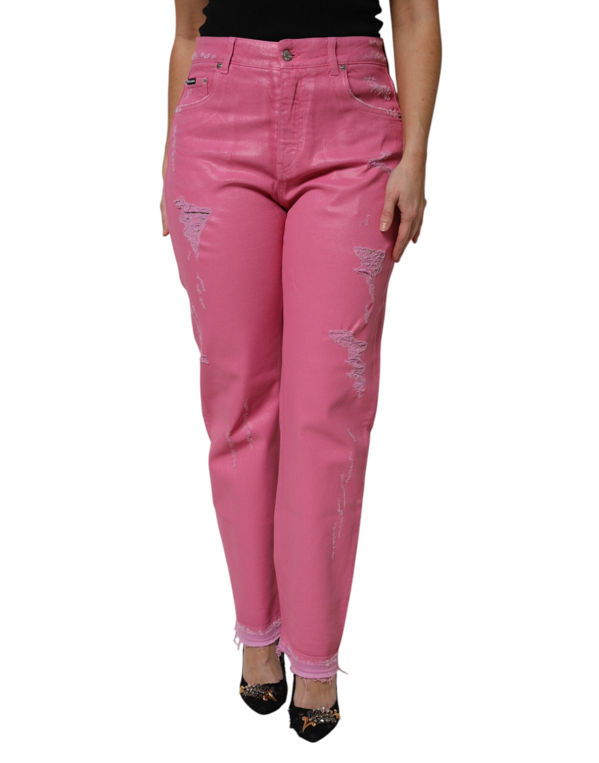 Dolce & Gabbana Pink Tattered Mid Waist Tapered Denim Women's Jeans