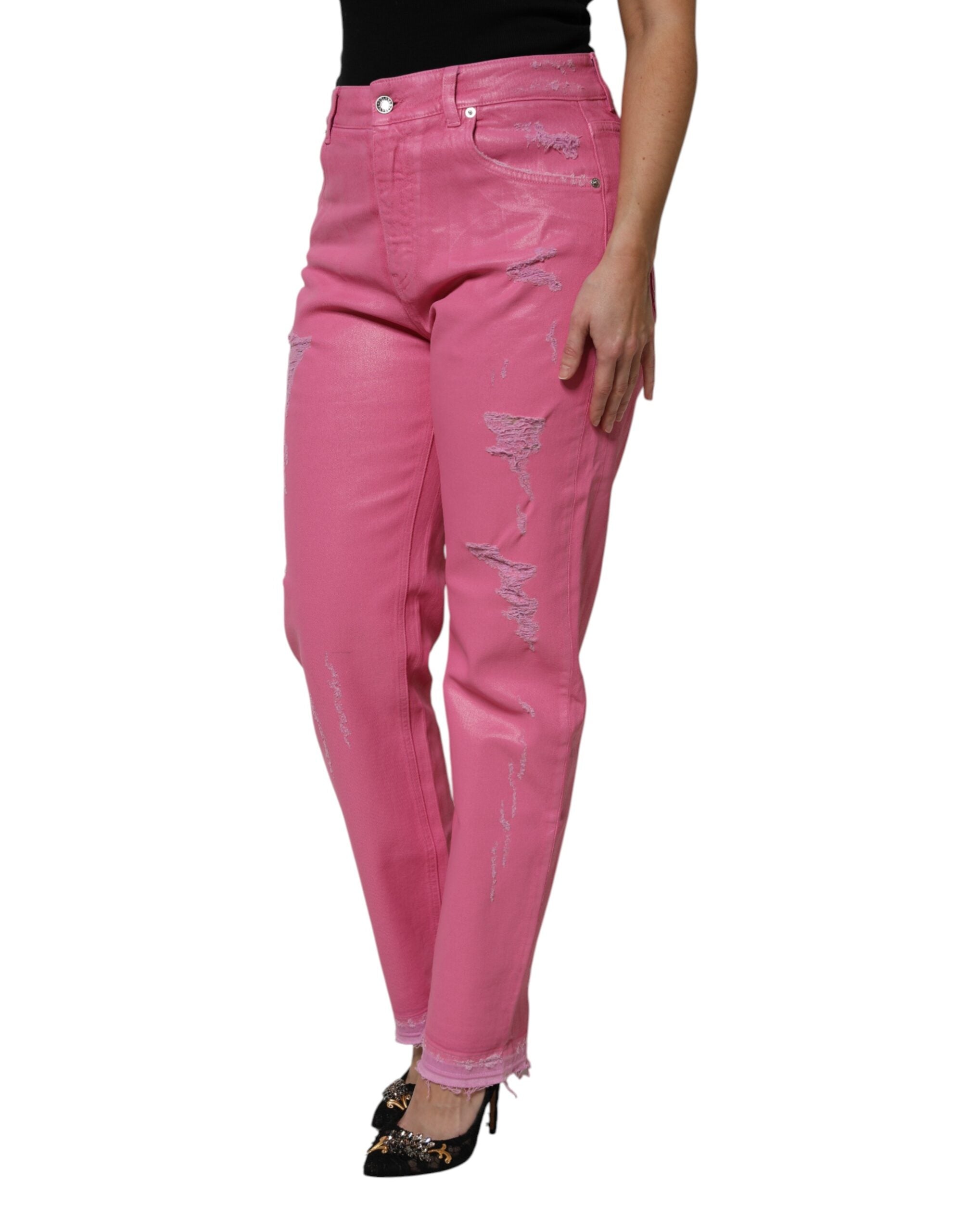 Dolce & Gabbana Pink Tattered Mid Waist Tapered Denim Women's Jeans