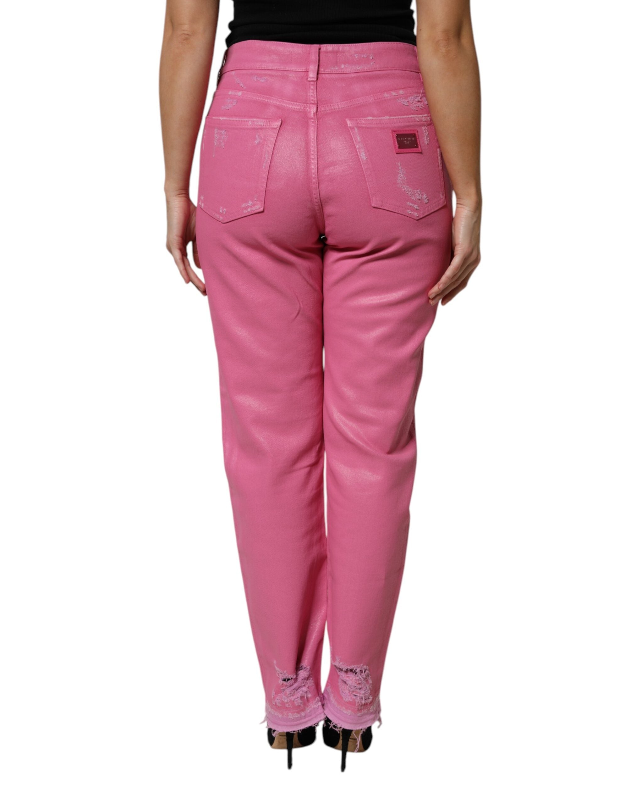 Dolce & Gabbana Pink Tattered Mid Waist Tapered Denim Women's Jeans