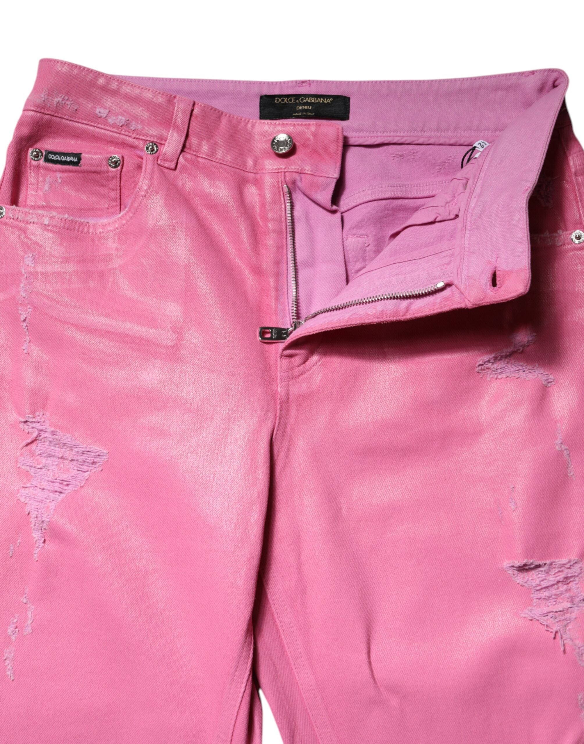 Dolce & Gabbana Pink Tattered Mid Waist Tapered Denim Women's Jeans