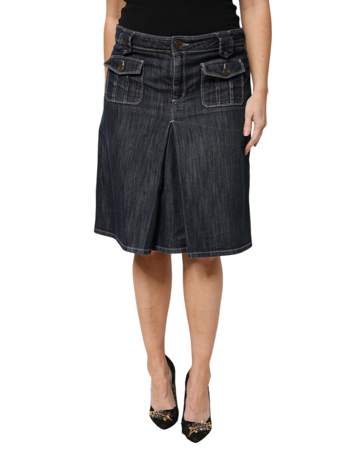 Escada Black Cotton Blend Denim Top Skirt Casual Women's Set (Pre-Owned)