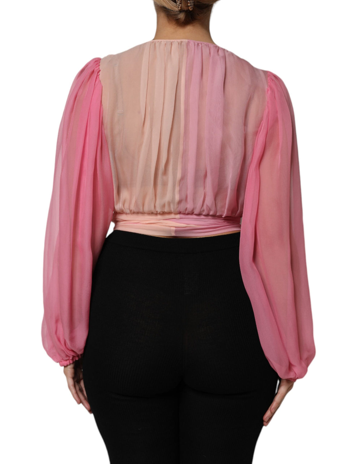 Dolce & Gabbana Pink Plunging V-neck Long Sleeves Blouse Women's Top