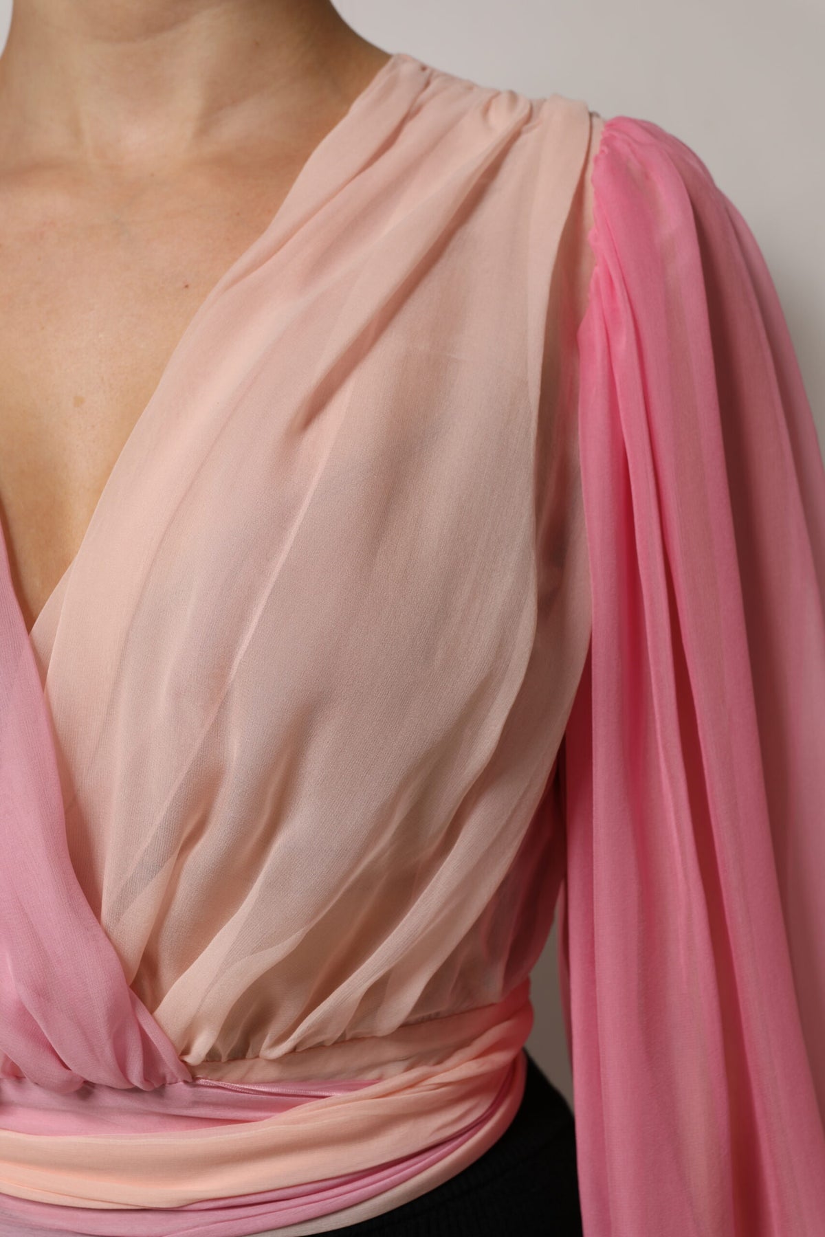 Dolce & Gabbana Pink Plunging V-neck Long Sleeves Blouse Women's Top