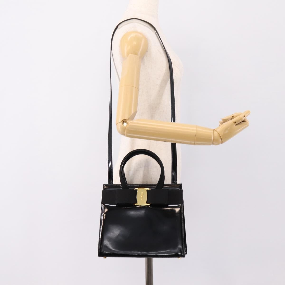 Salvatore Ferragamo Convertible Vara Bow Patent Leather Black Patent_Leather Handbag (Pre-Owned)