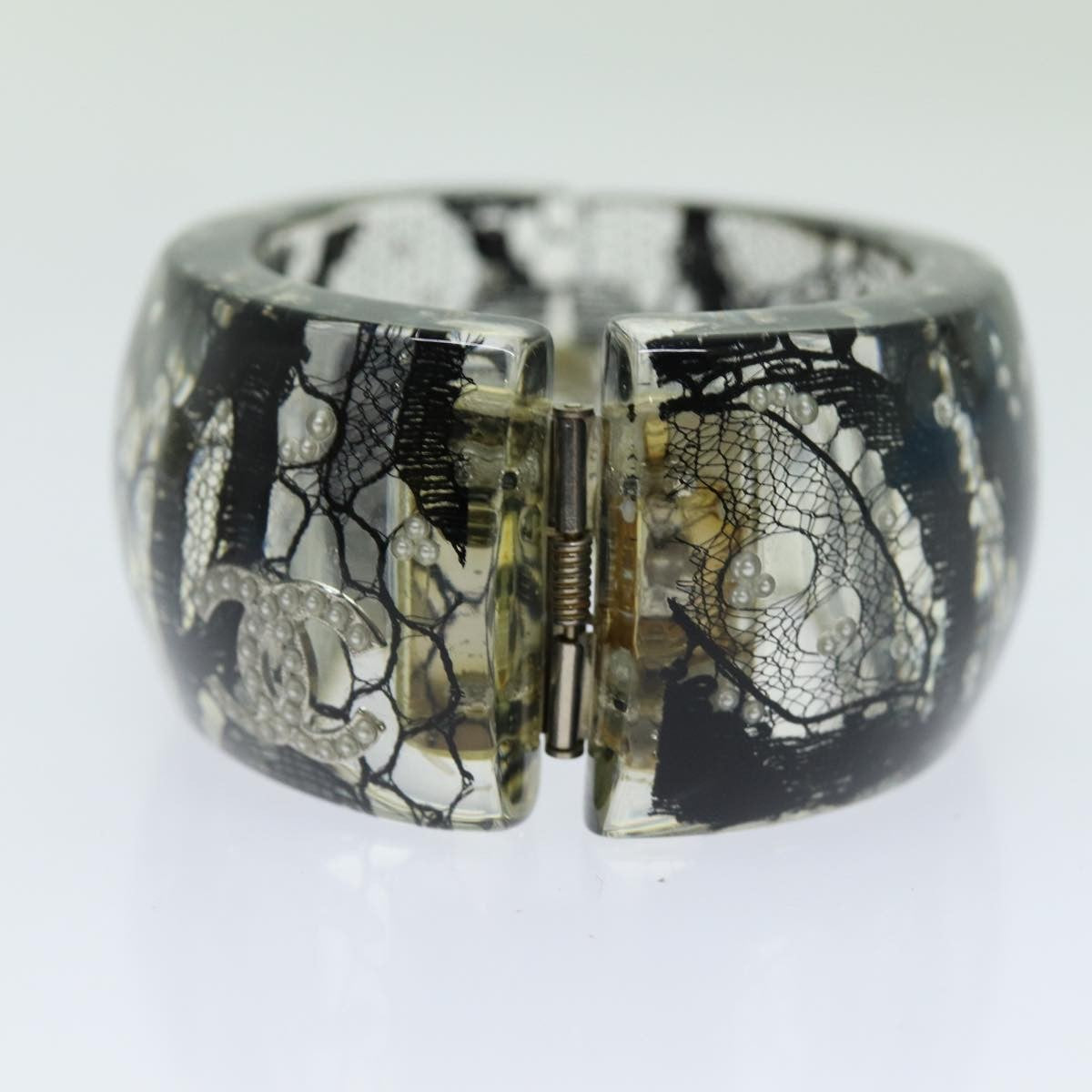 Chanel Cc Hinged Bangle Resin With Lace And Faux Pearls Black Plastic Bracelet Jewelry (Pre-Owned)