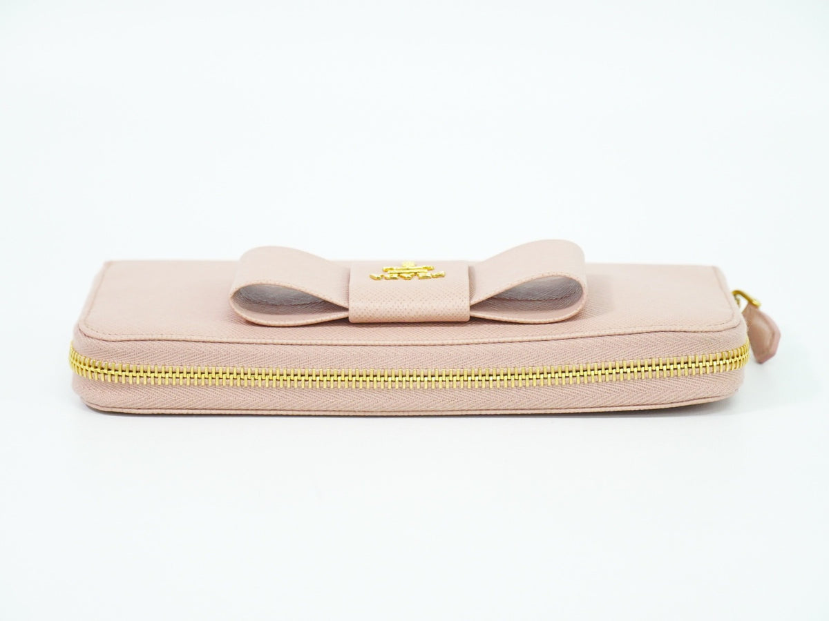 Prada Bow Zip Around Saffiano Leather Pink Leather Wallets Accessory (Pre-Owned)