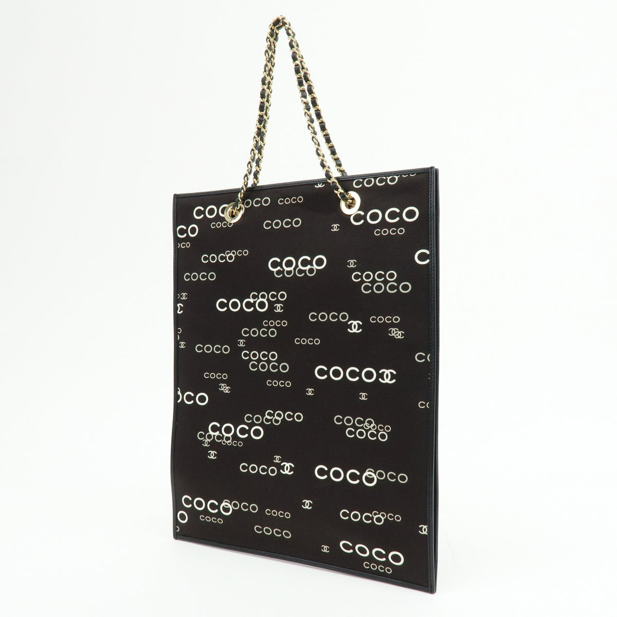 Chanel Vintage Coco Chain Shopping Printed Canvas Black Canvas Tote Bag Bag (Pre-Owned)