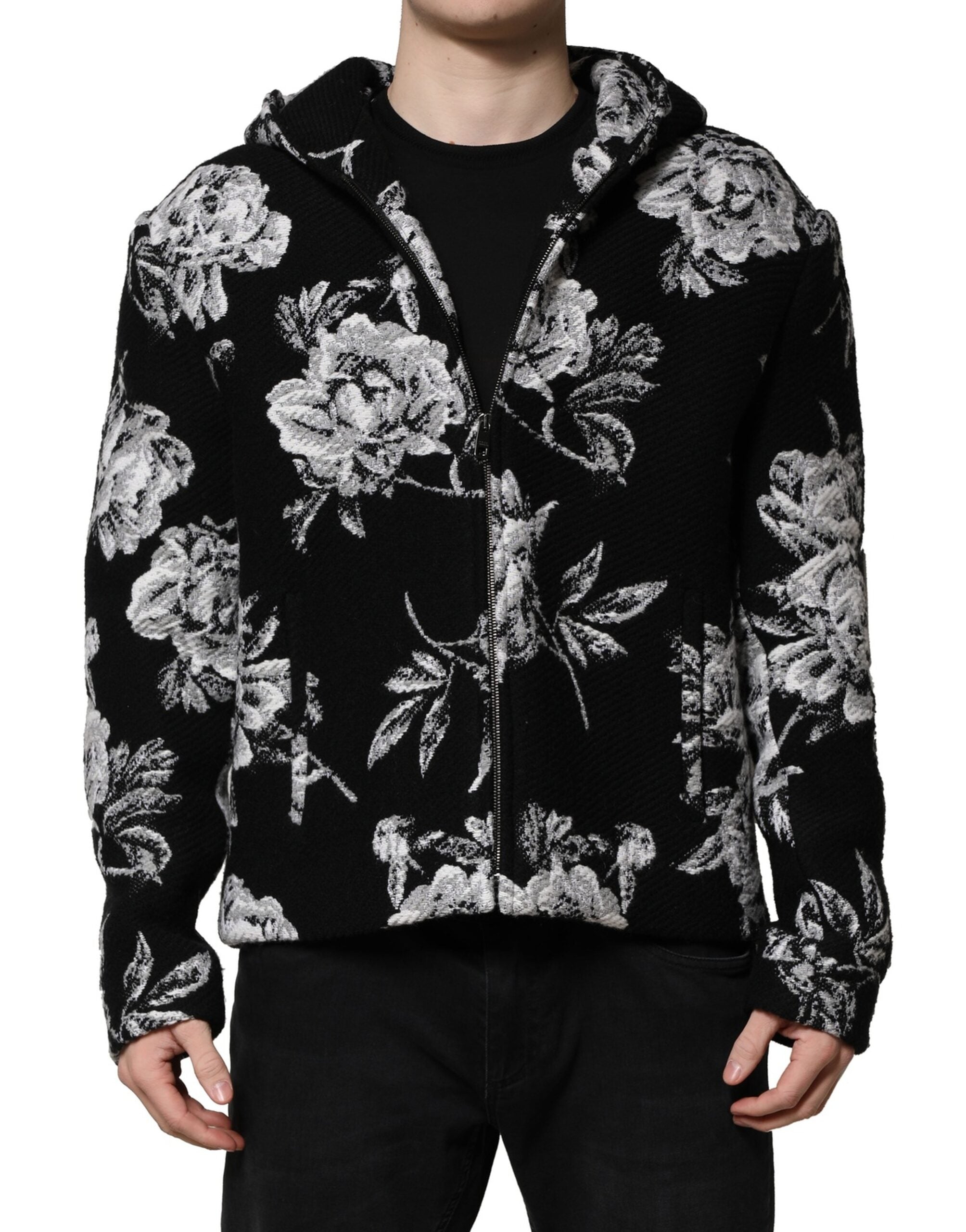 Dolce & Gabbana Black Wool Floral Printed Men Hooded Men's Jacket