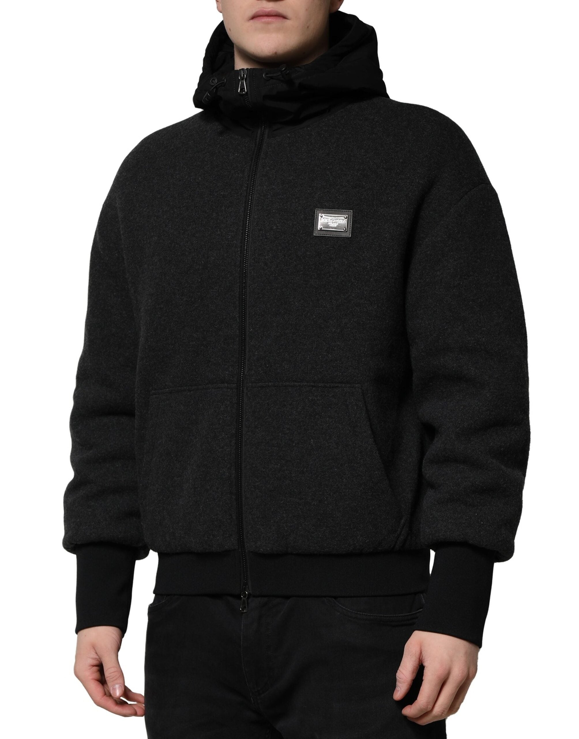 Dolce & Gabbana Black DG Logo Plaque Hooded Bomber Men's Jacket