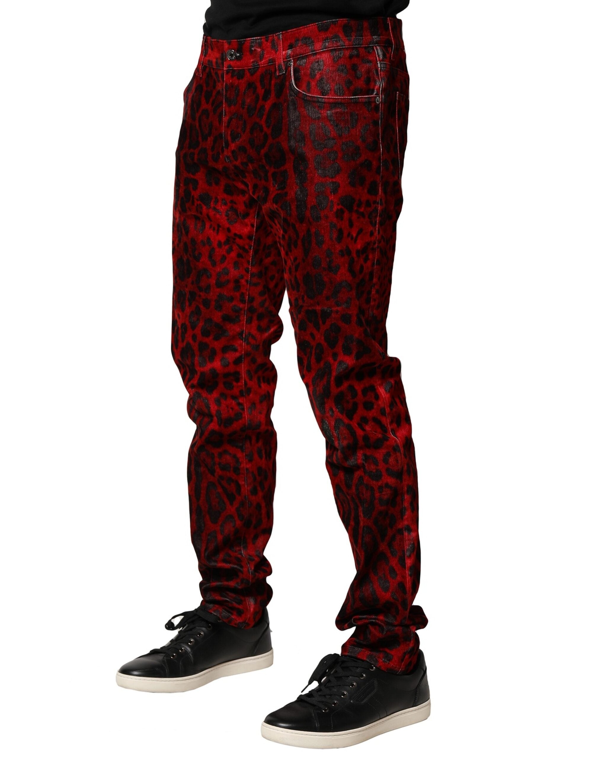 Dolce & Gabbana Red Leopard Print Cotton Skinny Denim Men's Jeans (Pre-Owned)