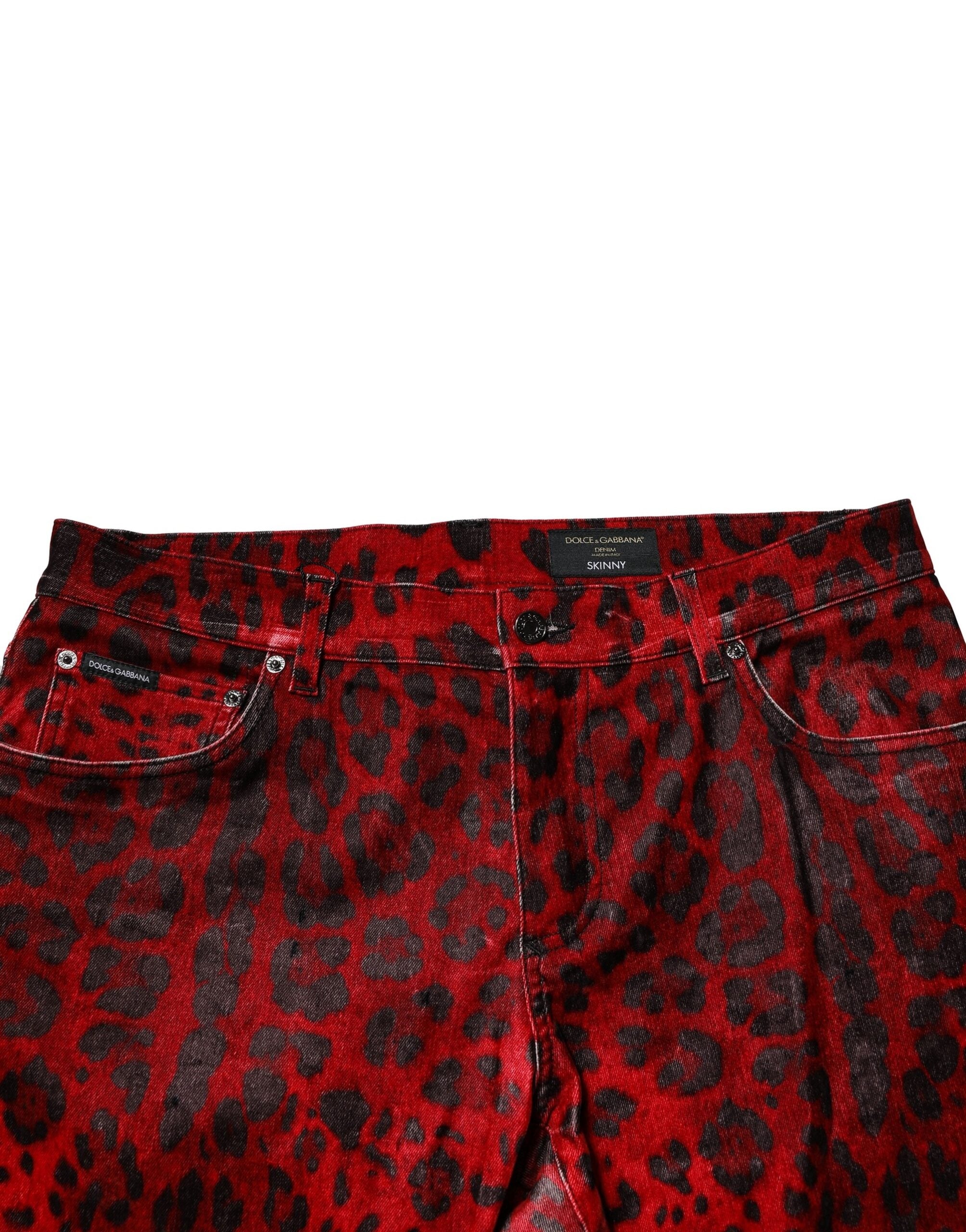 Dolce & Gabbana Red Leopard Print Cotton Skinny Denim Men's Jeans (Pre-Owned)