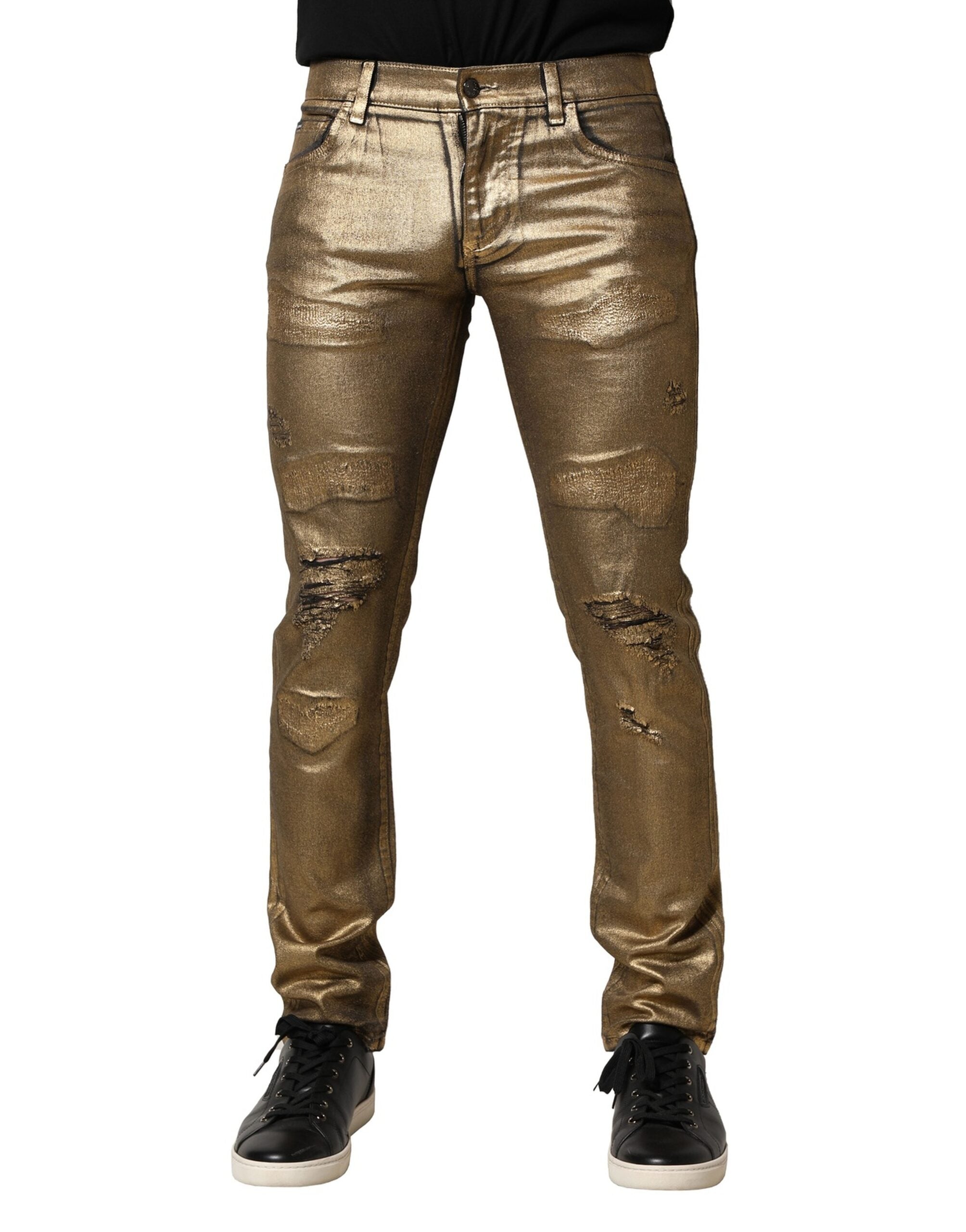 Dolce & Gabbana Gold Tattered Cotton Stretch Slim Denim Men's Jeans