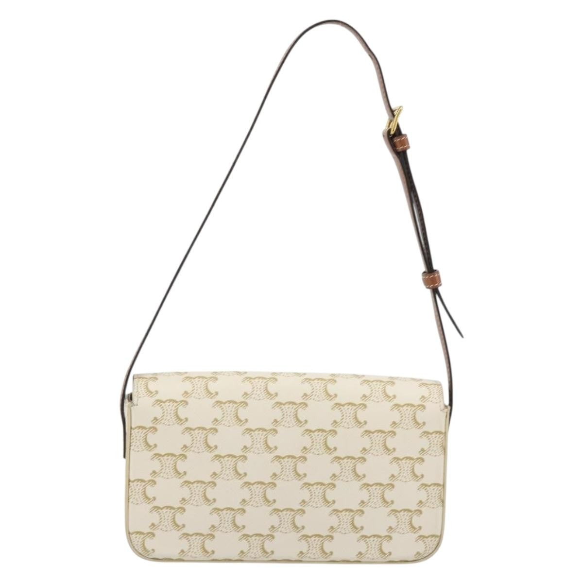 Celine Triomphe Strap Bag Monogram Canvas White Leather Handbag (Pre-Owned)