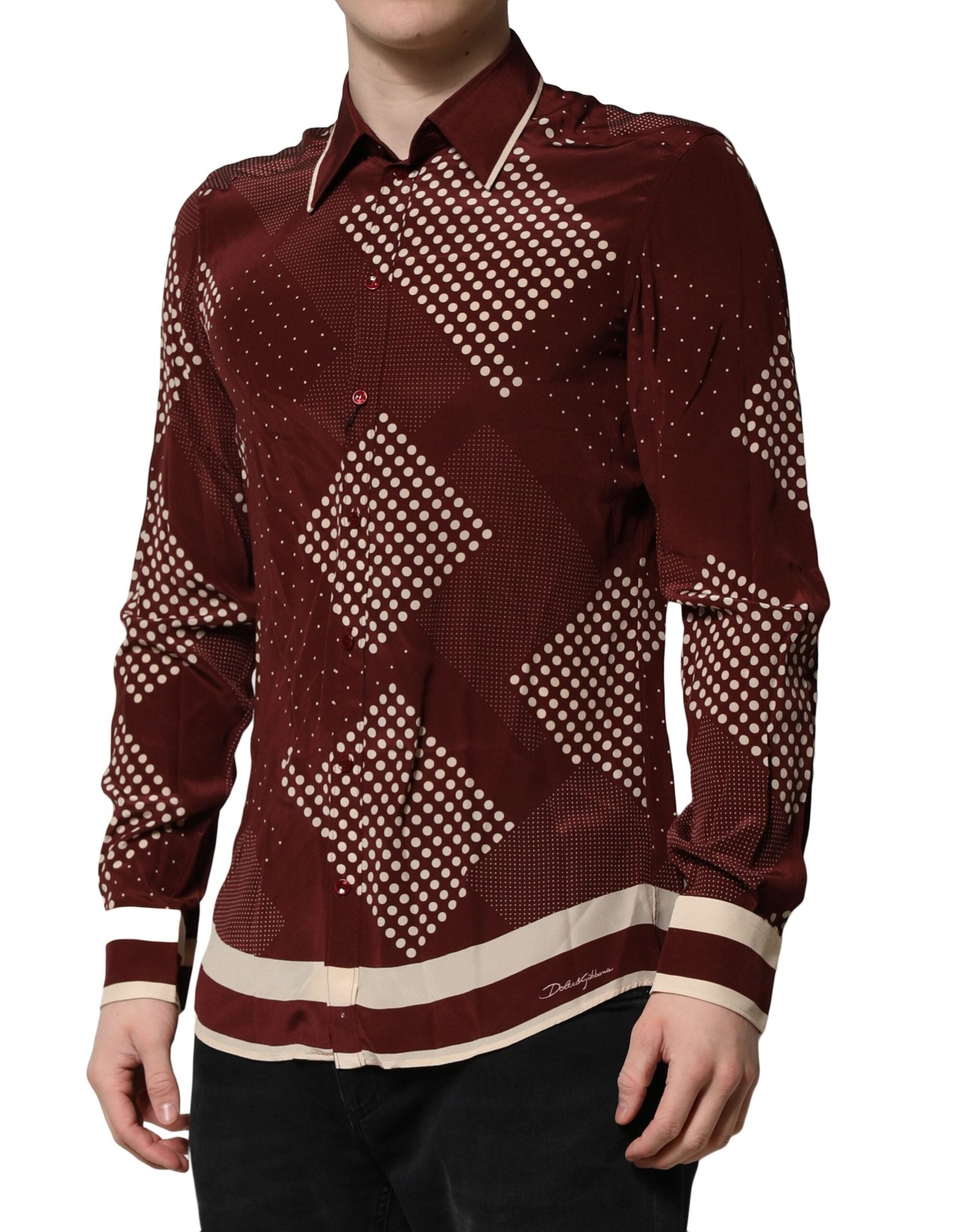 Dolce & Gabbana Maroon Dotted Silk Long Sleeve Casual Men's Shirt