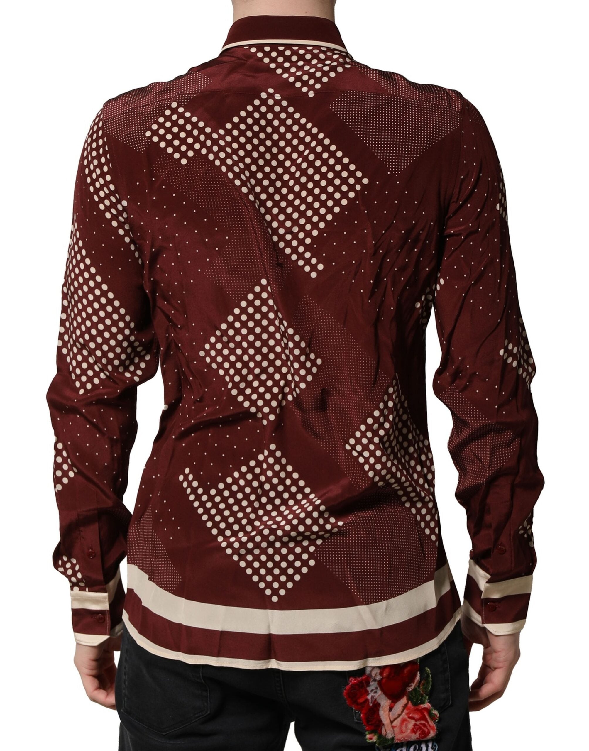 Dolce & Gabbana Maroon Dotted Silk Long Sleeve Casual Men's Shirt