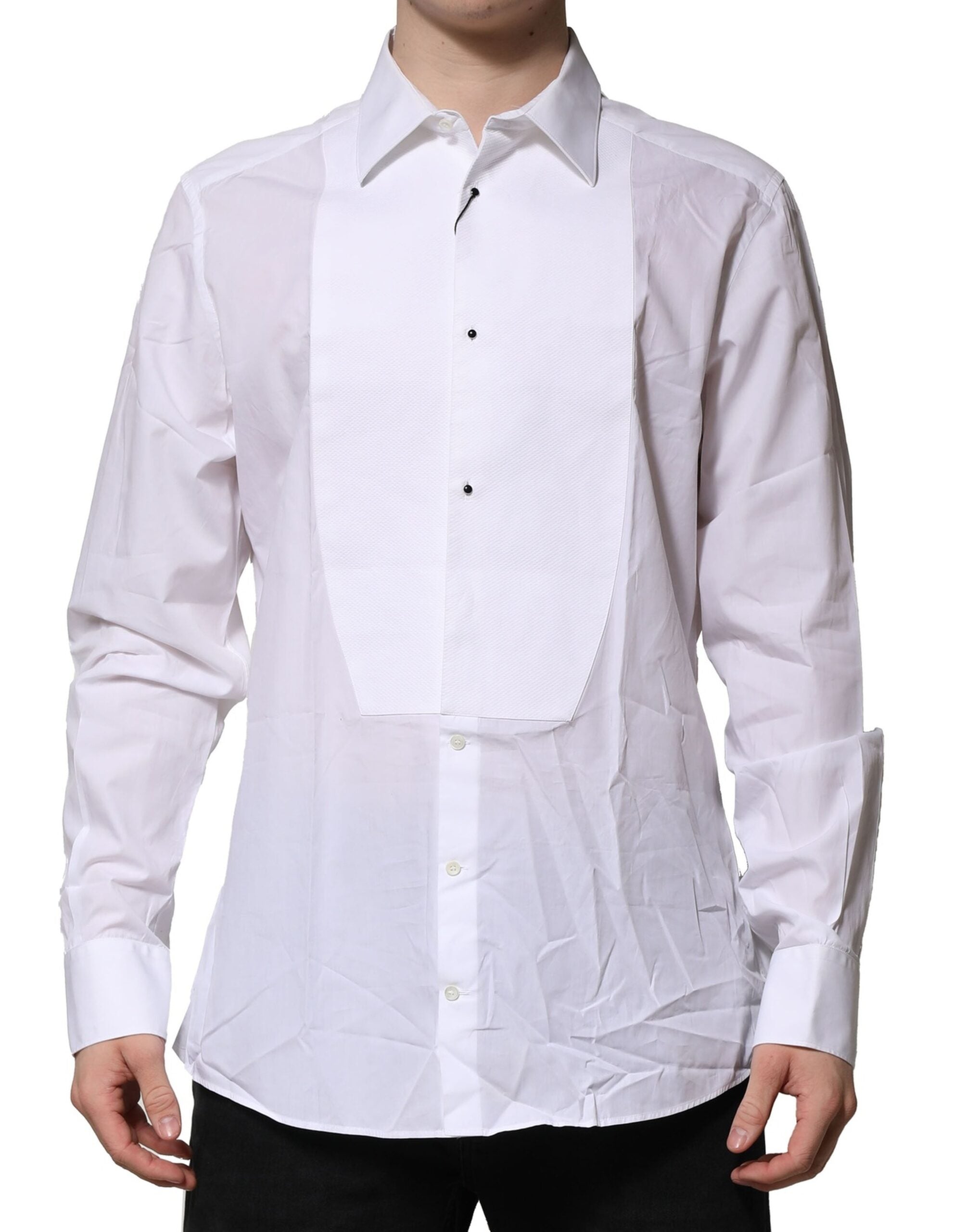 Dolce & Gabbana White Bib Cotton Poplin GOLD Formal Men's Shirt (Pre-Owned)
