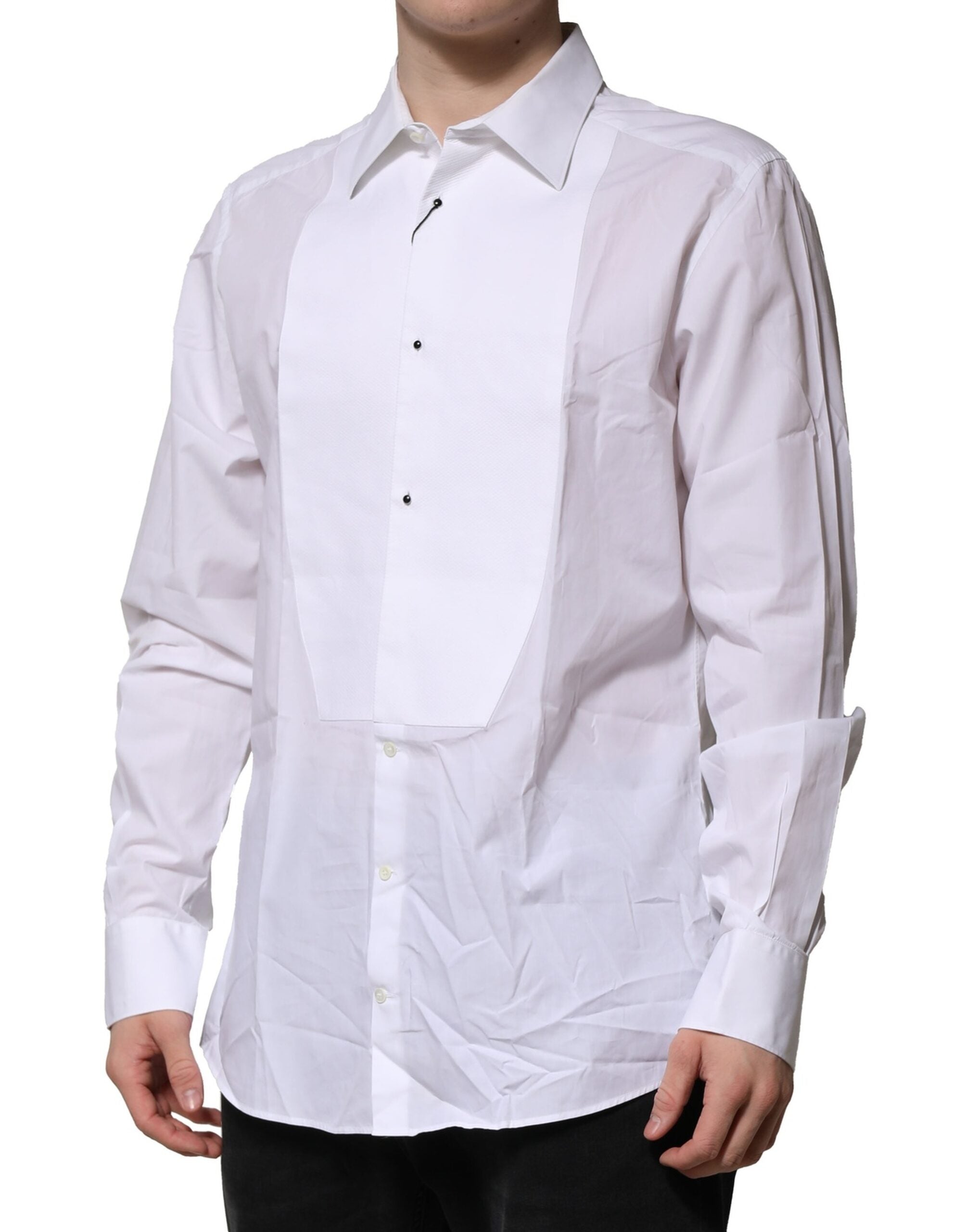 Dolce & Gabbana White Bib Cotton Poplin GOLD Formal Men's Shirt (Pre-Owned)