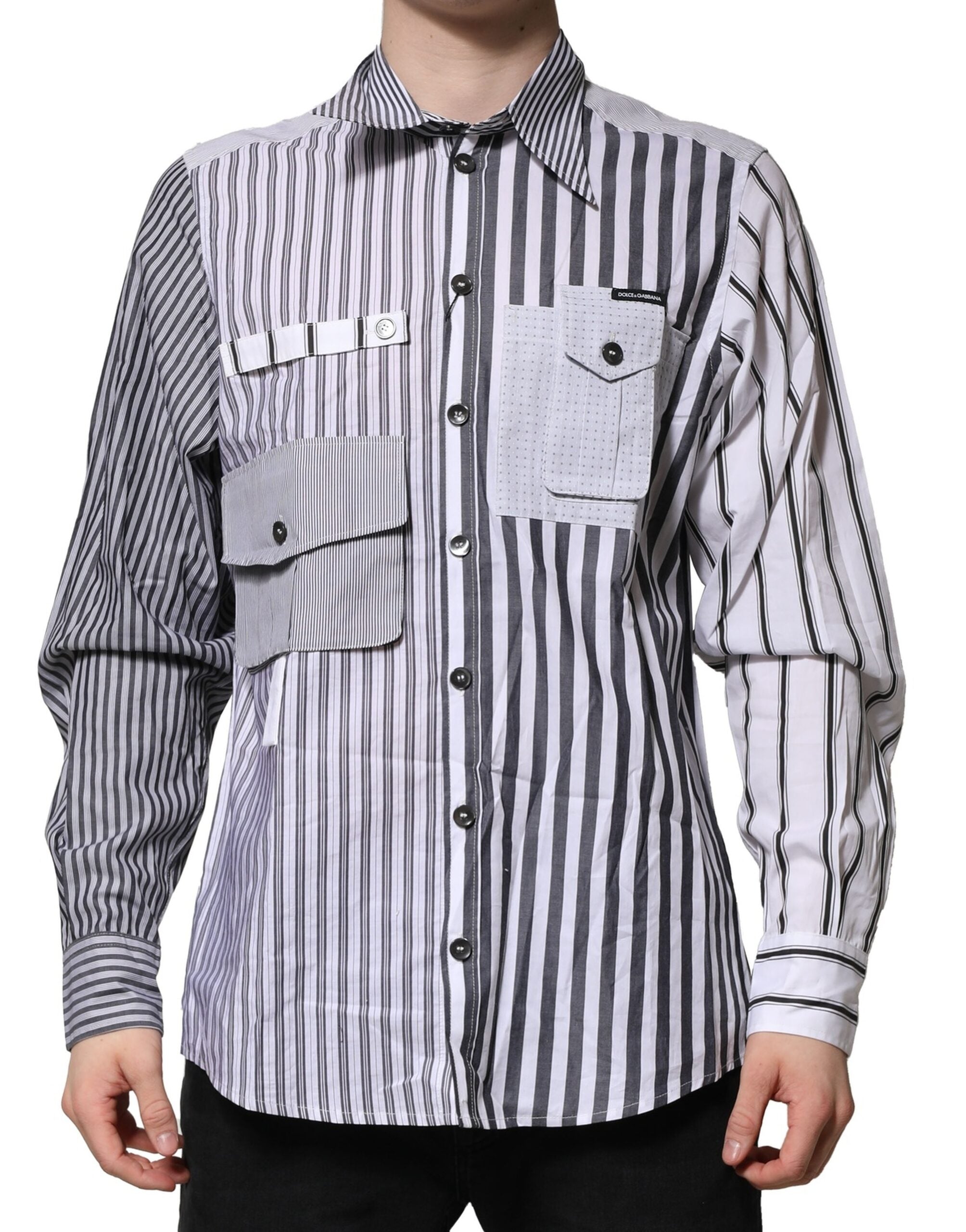Dolce & Gabbana White Gray Striped Cotton Men Casual Men's Shirt