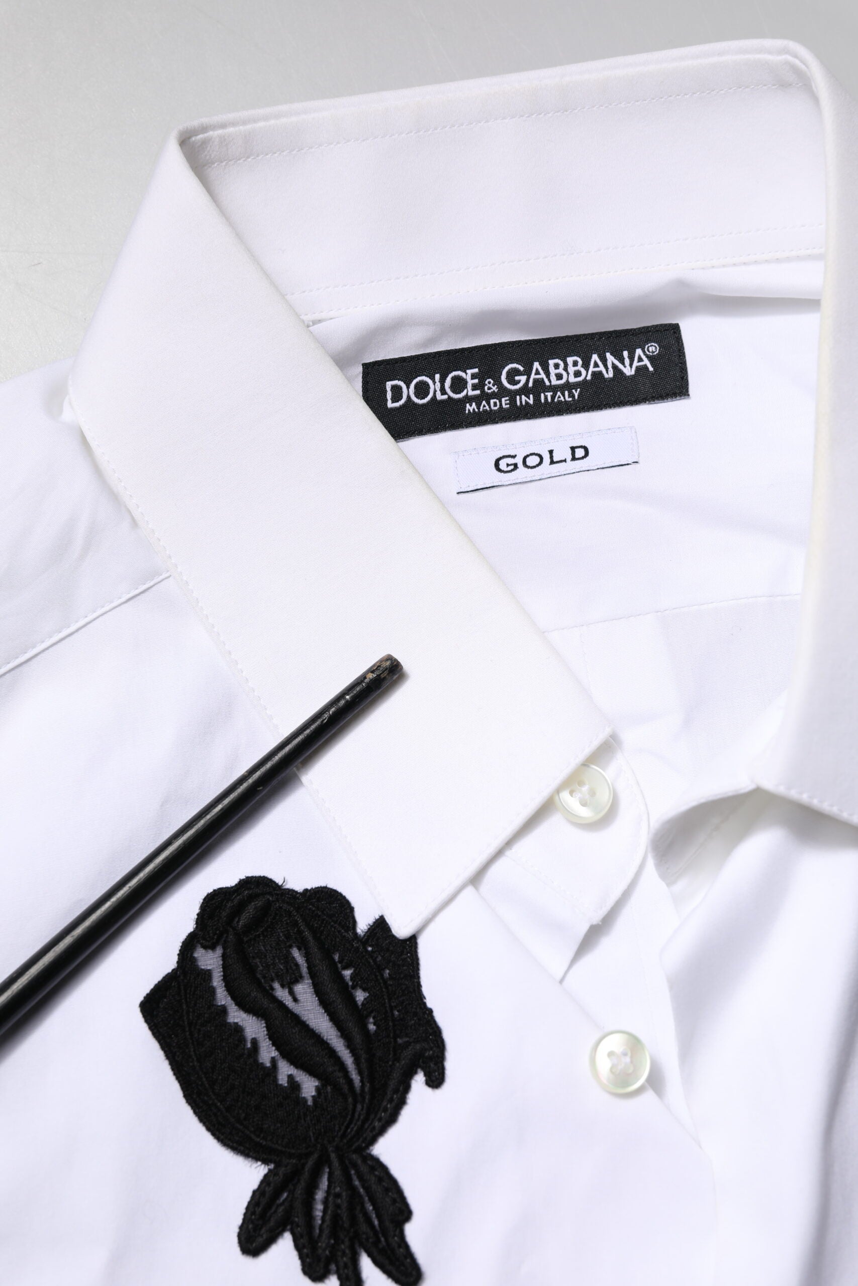 Dolce & Gabbana White Floral Embroidery Men GOLD Formal Men's Shirt (Pre-Owned)