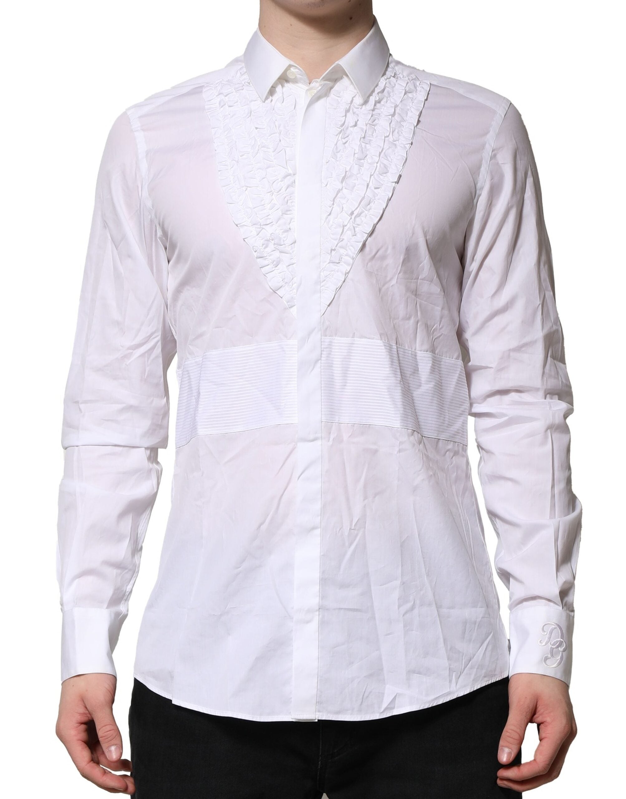 Dolce & Gabbana White Cotton Ruffled Detailing Formal Men's Shirt (Pre-Owned)