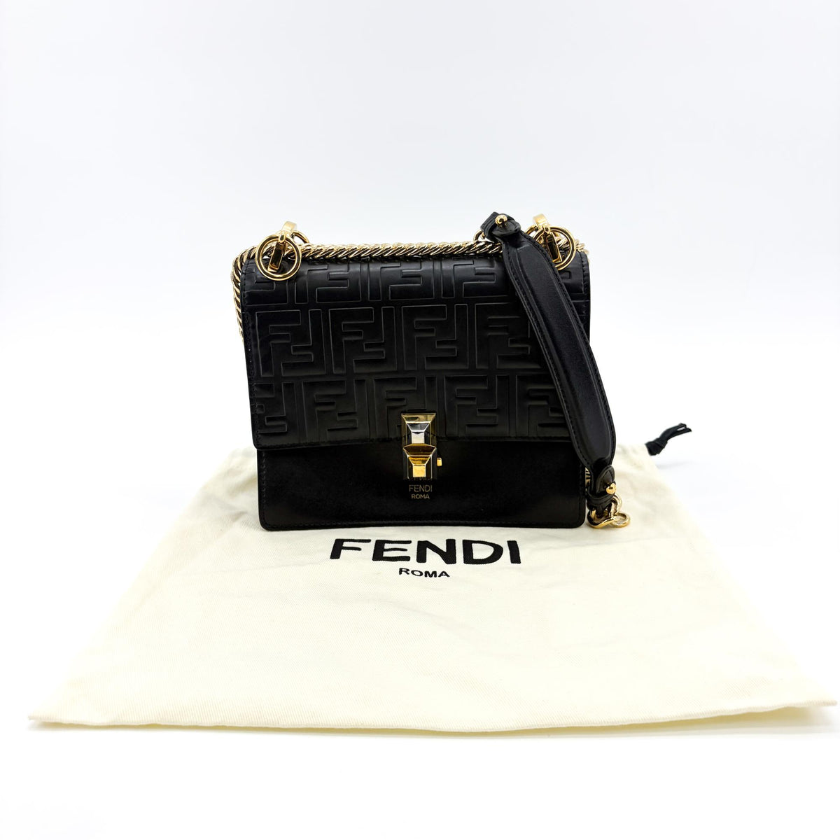 Fendi Kan I Zucca Embossed Leather Black Leather Shoulder Bag Bag (Pre-Owned)