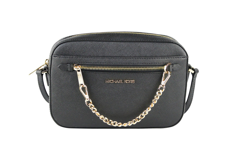Michael Kors Jet Set Item Large East West Saffiano Leather Zip Chain Crossbody Handbag (Black Women's Solid/Gold)