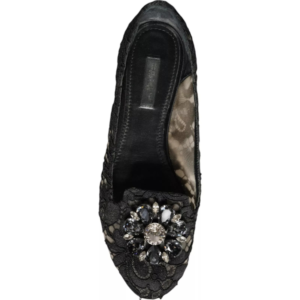 Dolce & Gabbana Black Lace Crystal Ballet Flats Loafer Women's Shoes