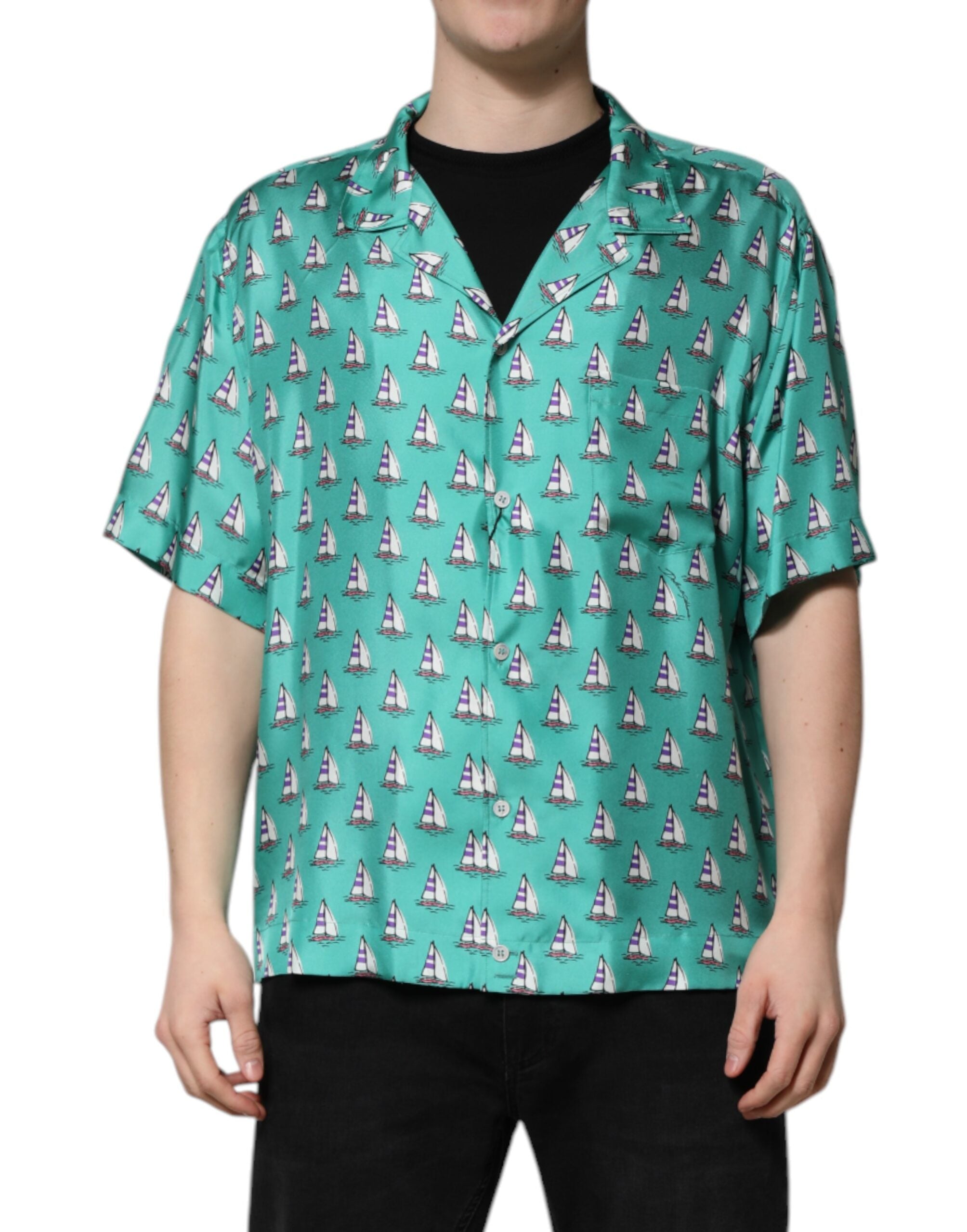 Dolce & Gabbana Green Printed Short Sleeves Casual Men's Shirt
