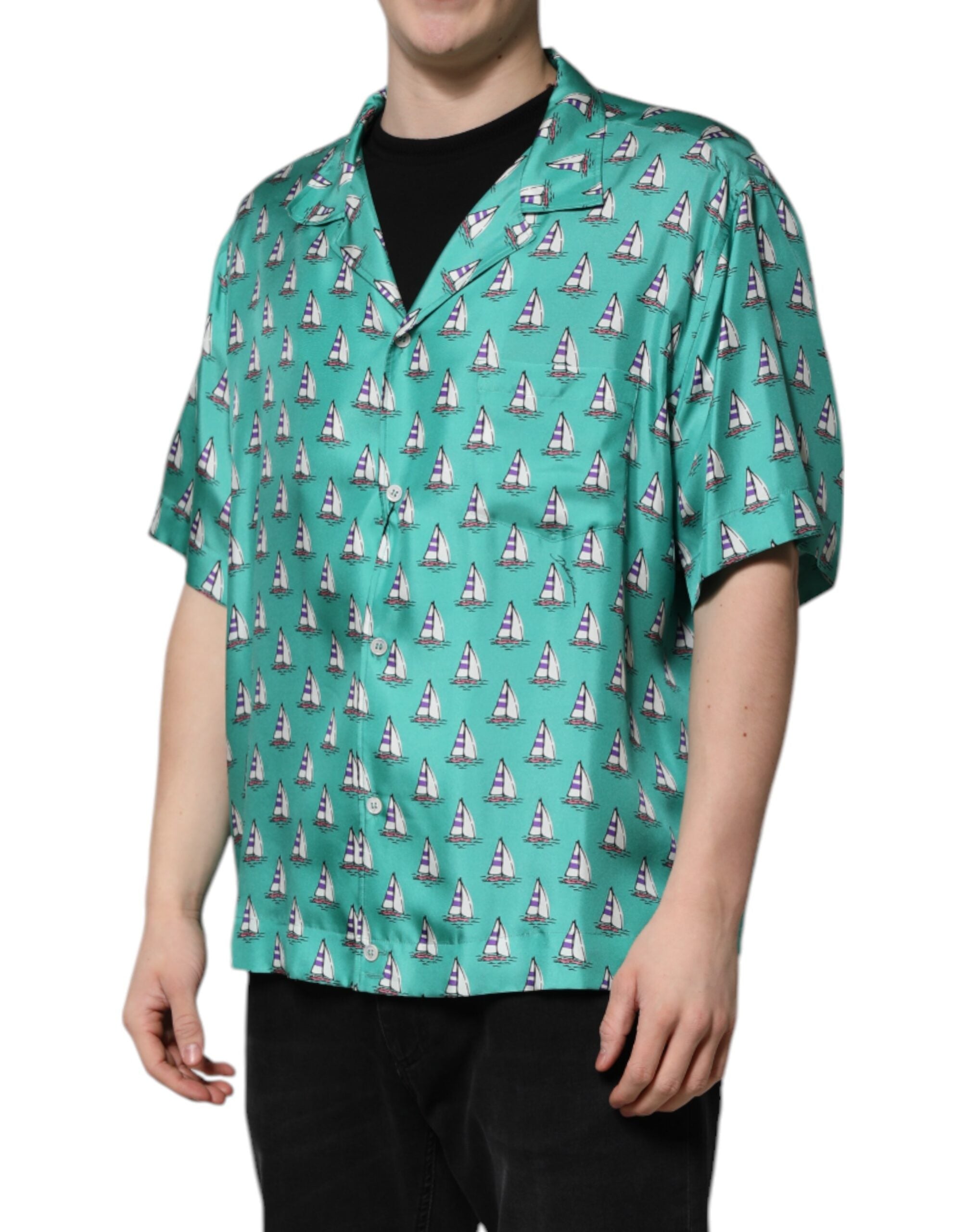 Dolce & Gabbana Green Printed Short Sleeves Casual Men's Shirt