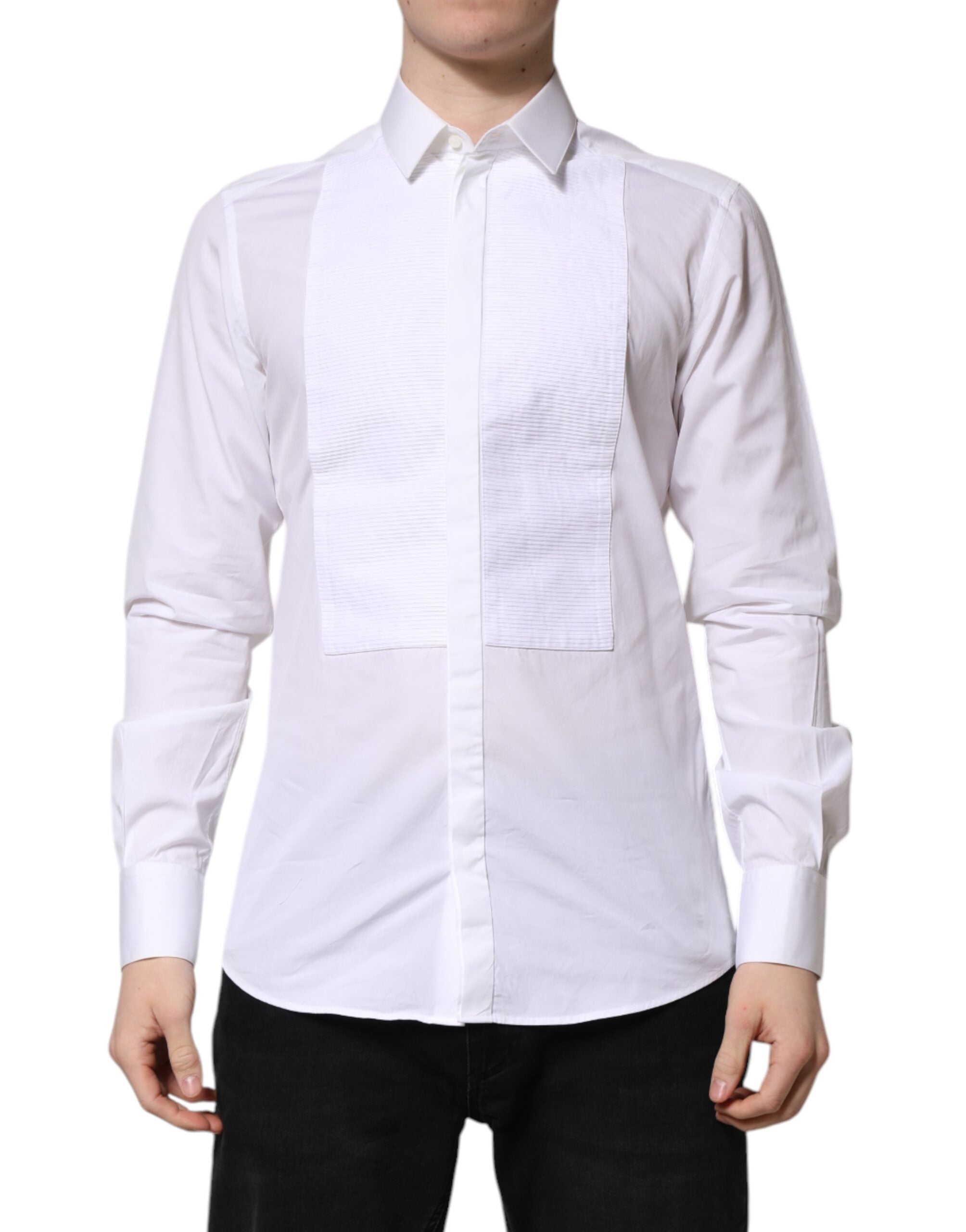 Dolce & Gabbana White GOLD Cotton Bib Dress Formal Men's Shirt (Pre-Owned)