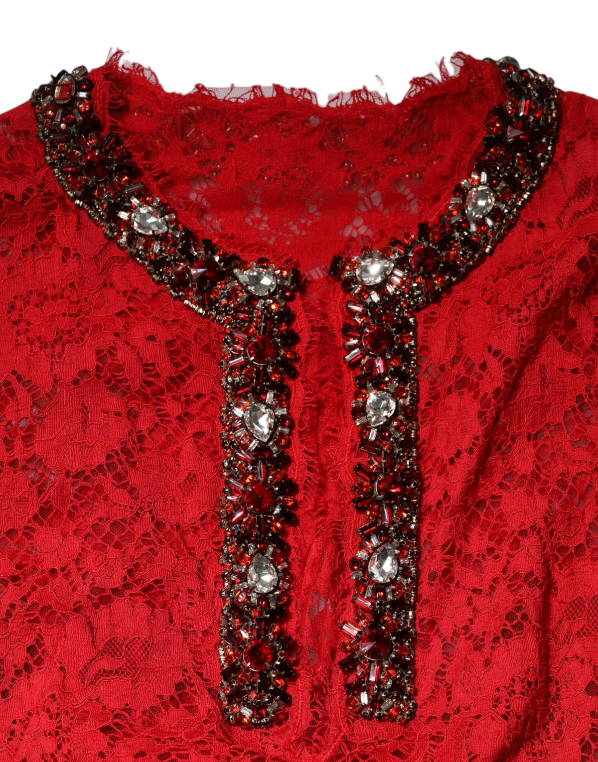 Dolce & Gabbana Red Floral Lace Rhinestone Embellished Women's Dress