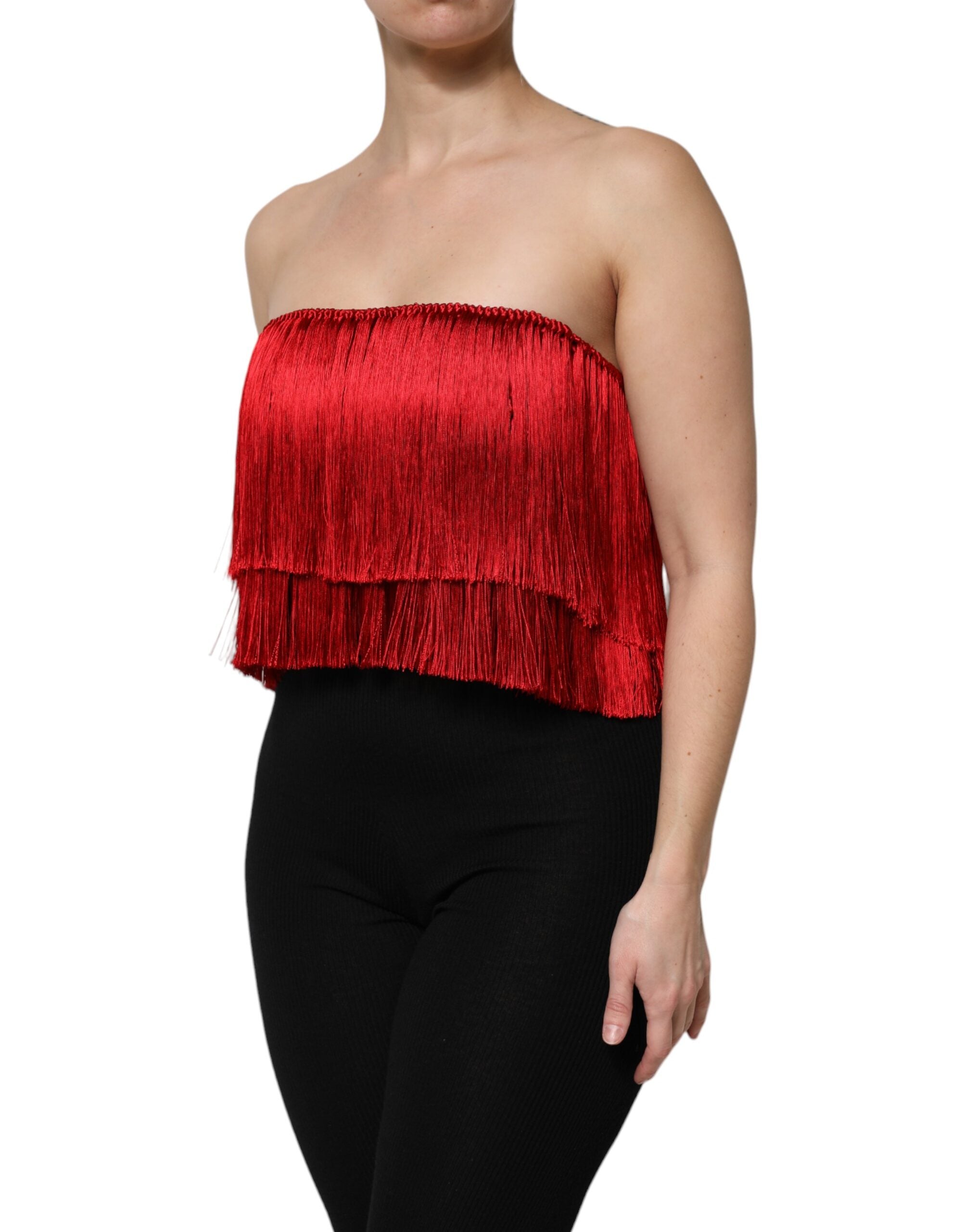 Dolce & Gabbana Red Silk Strapless Fringe Crop Tube Women's Top