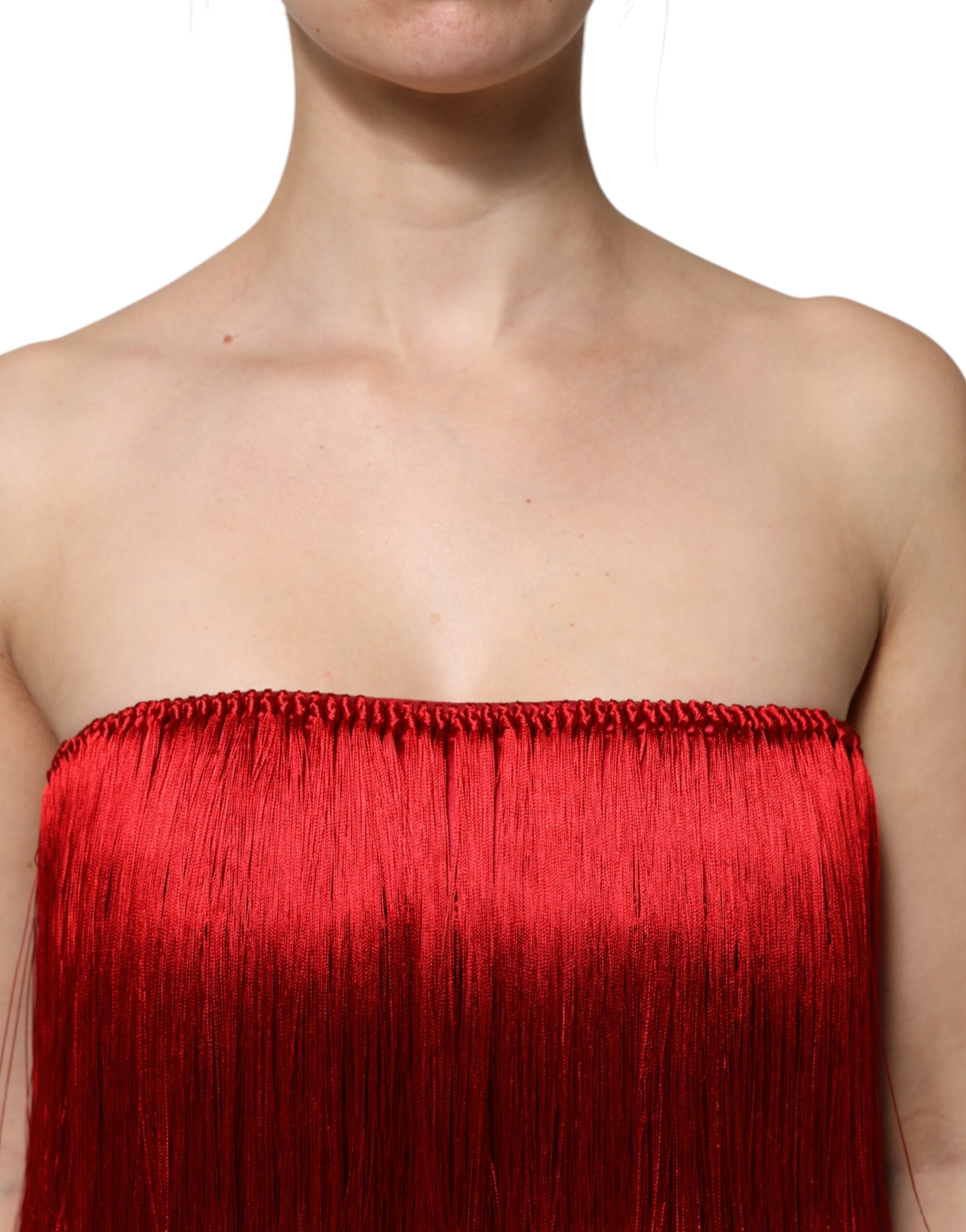 Dolce & Gabbana Red Silk Strapless Fringe Crop Tube Women's Top
