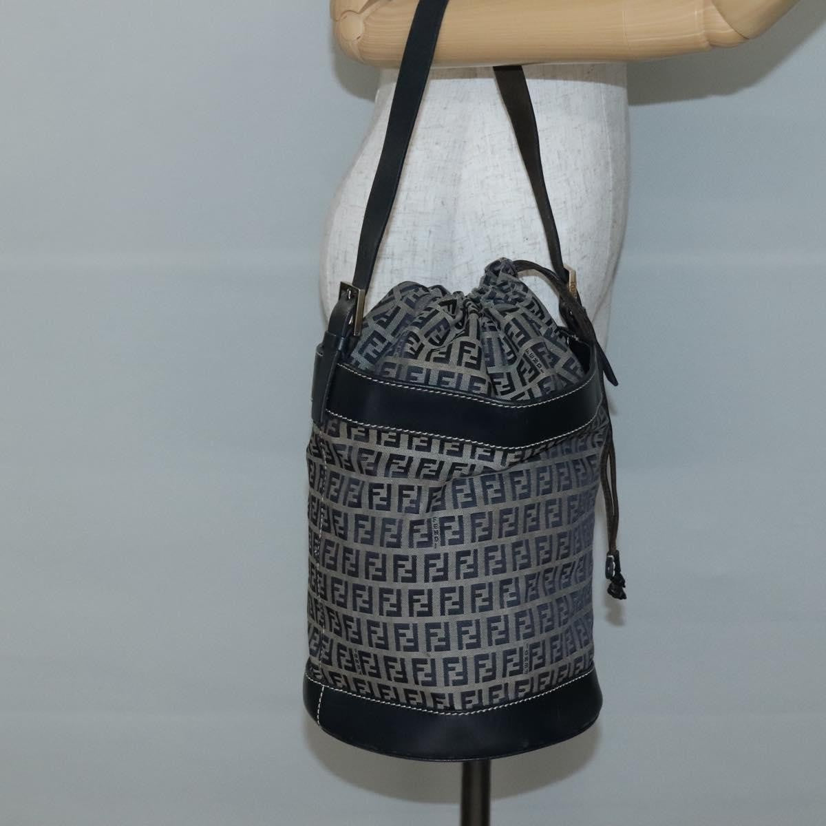 Fendi Ff Logo Mon Tresor Bucket Printed Shearling With Leather Navy Canvas Shoulder Bag Bag (Pre-Owned)