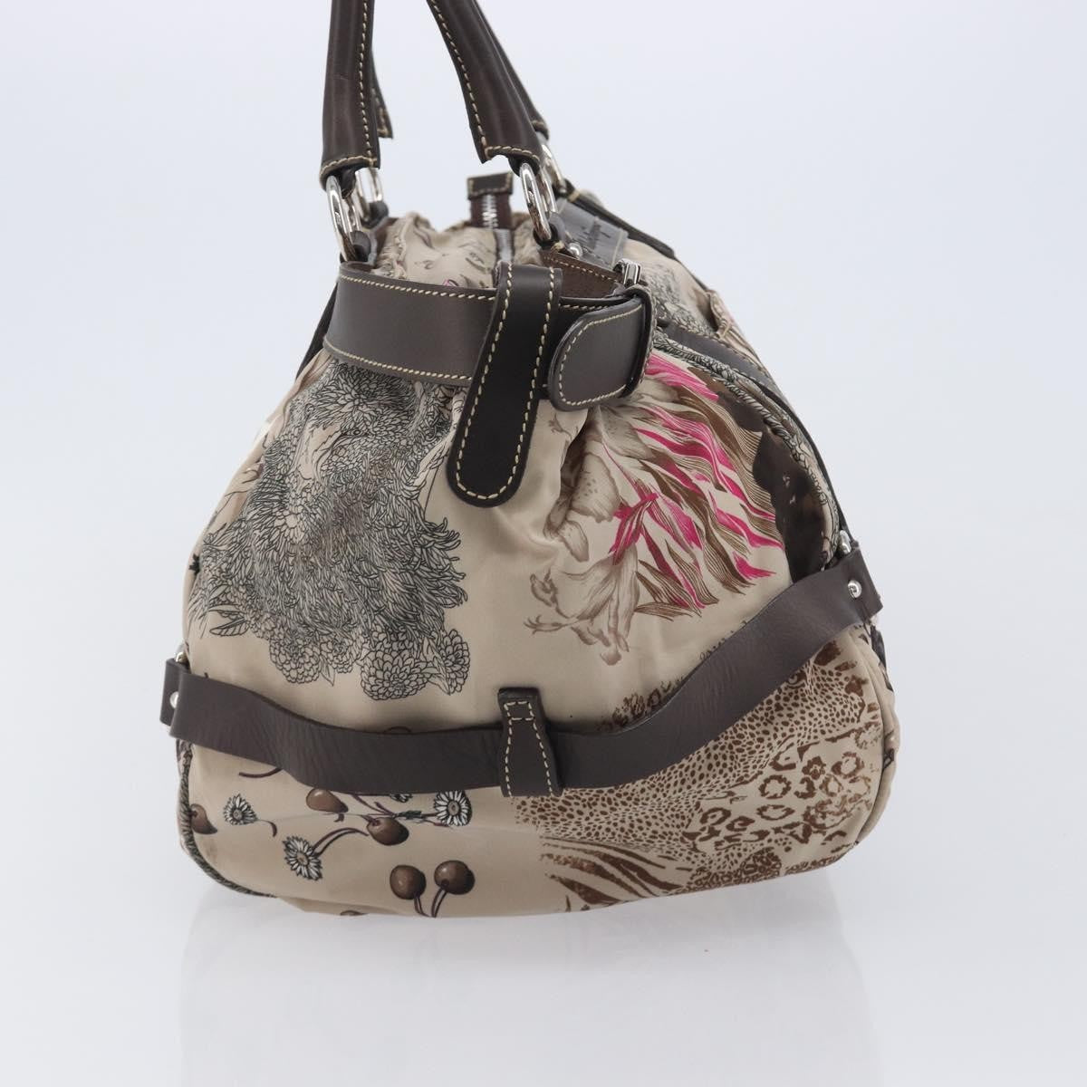 Salvatore Ferragamo Convertible Belted Boston Fiera Printed Nylon With Leather Beige Nylon Handbag (Pre-Owned)