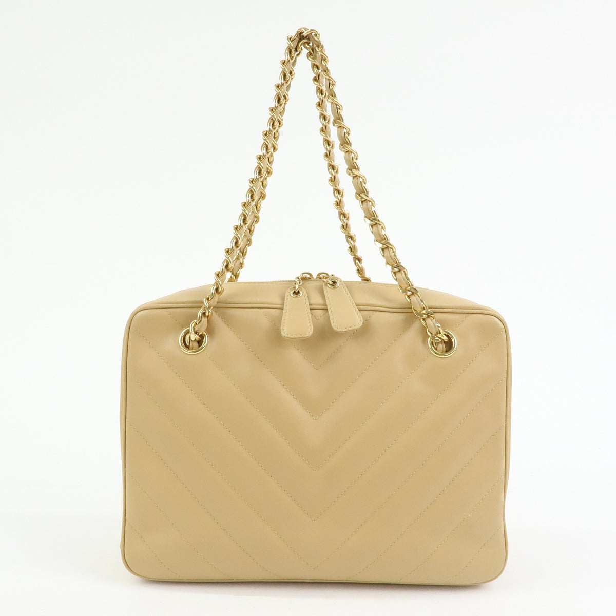 Chanel Vintage Pocket Camera Chevron Lambskin Beige Leather Handbag (Pre-Owned)