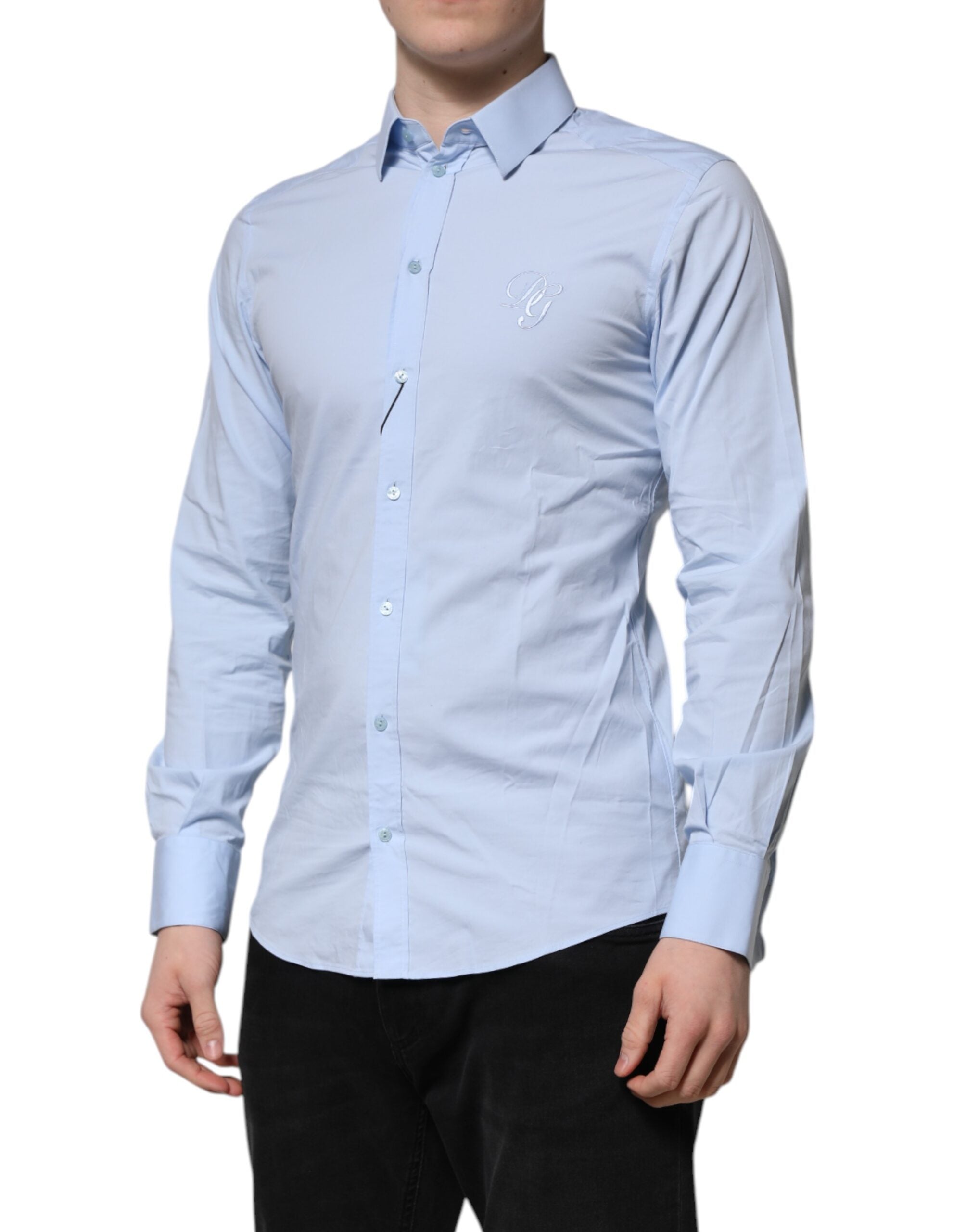 Dolce & Gabbana Sky Blue Cotton GOLD Long Sleeves Dress Men's Shirt (Pre-Owned)