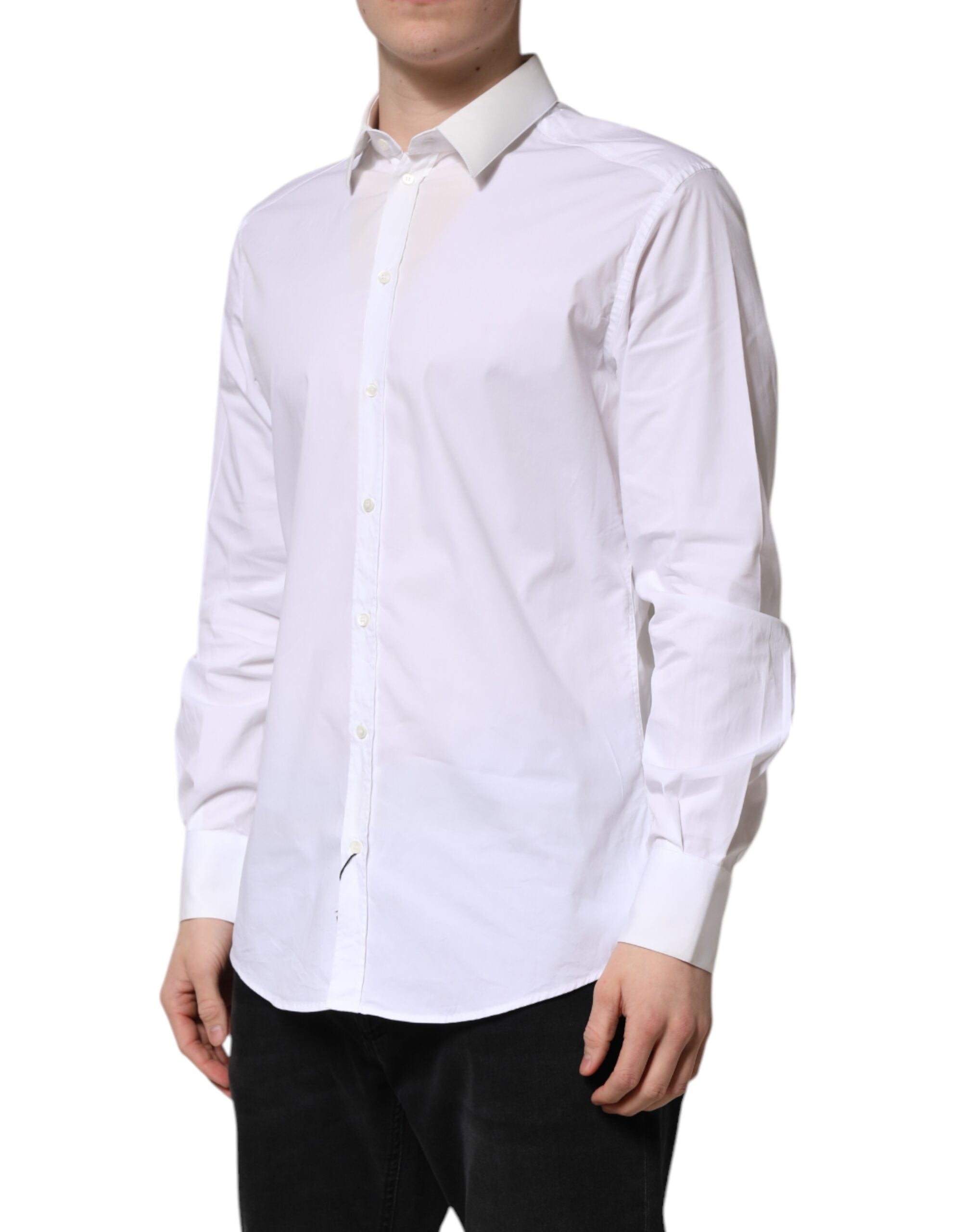 Dolce & Gabbana White Cotton GOLD Long Sleeves Dress Men's Shirt (Pre-Owned)