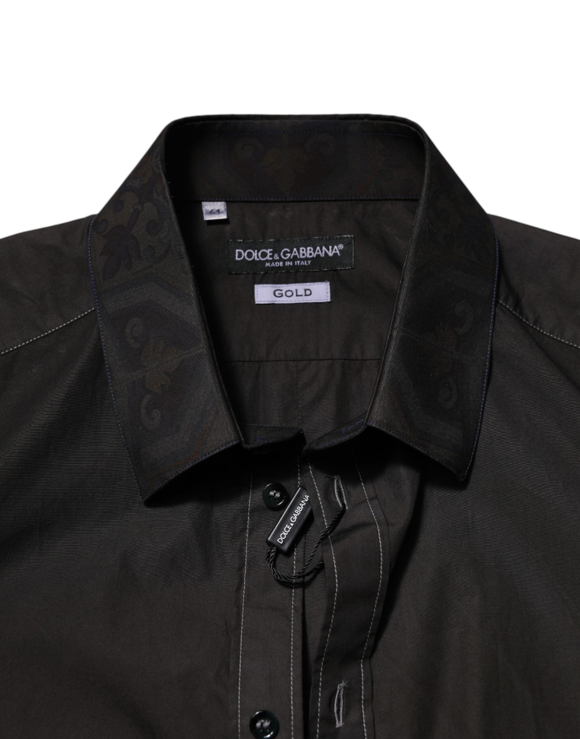 Dolce & Gabbana Black Cotton Jacquard GOLD Collar Dress Men's Shirt