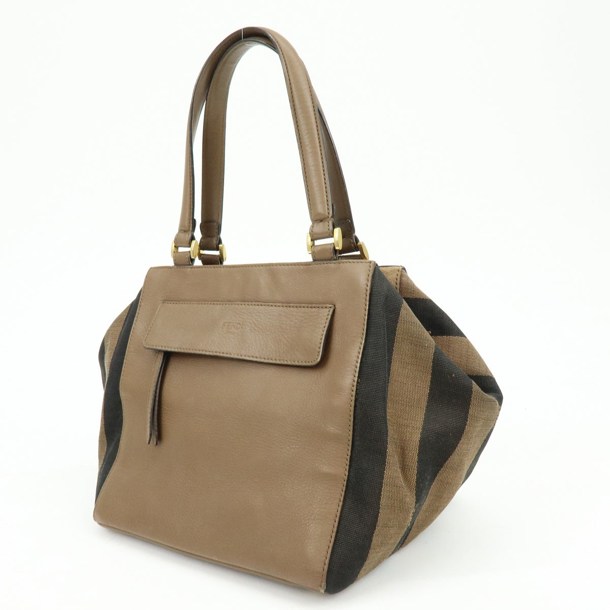 Fendi Boxy Leather With Pequin Canvas Brown Leather Tote Bag Bag (Pre-Owned)