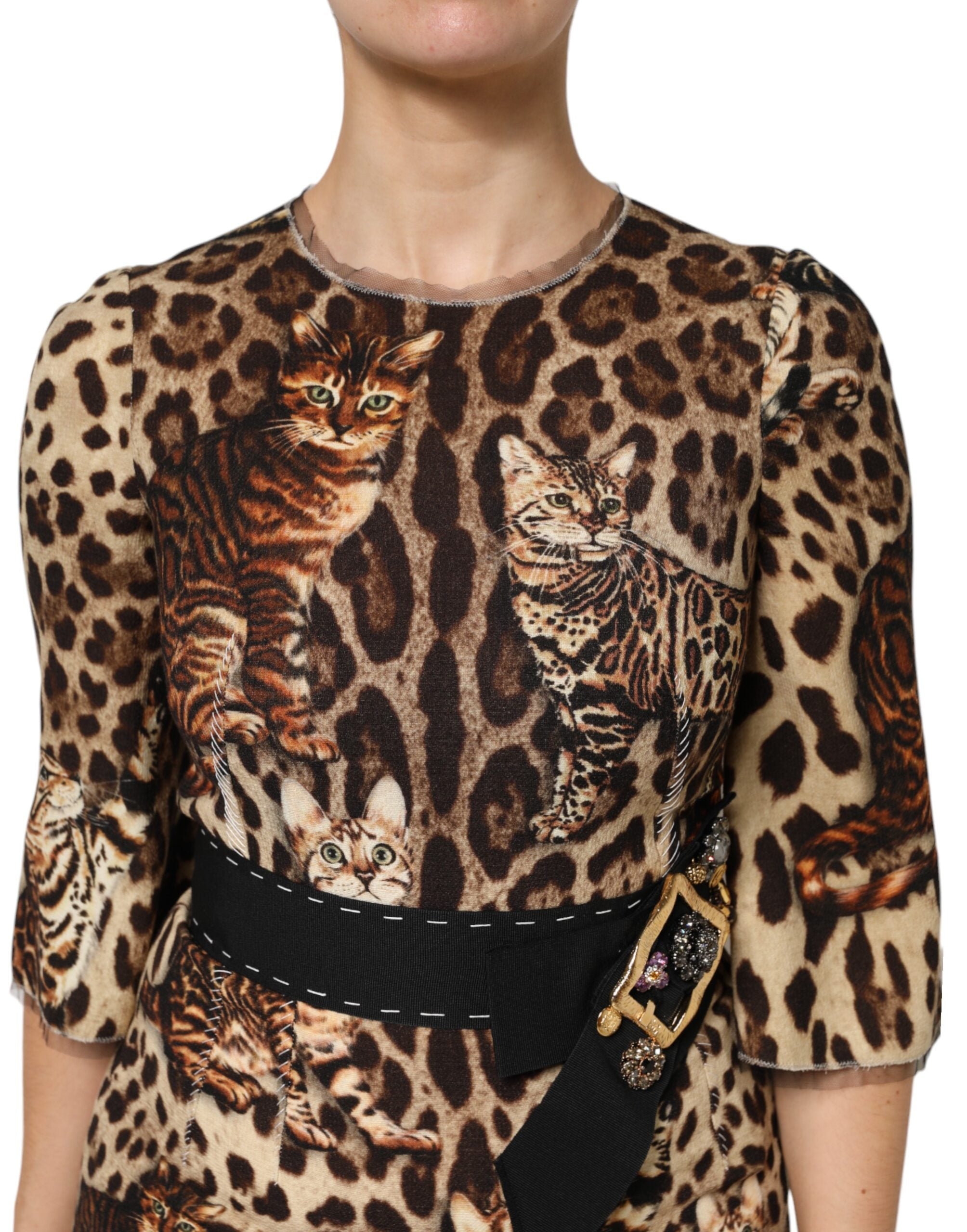 Dolce & Gabbana Brown Leopard Print Belted A-line Midi Women's Dress (Pre-Owned)