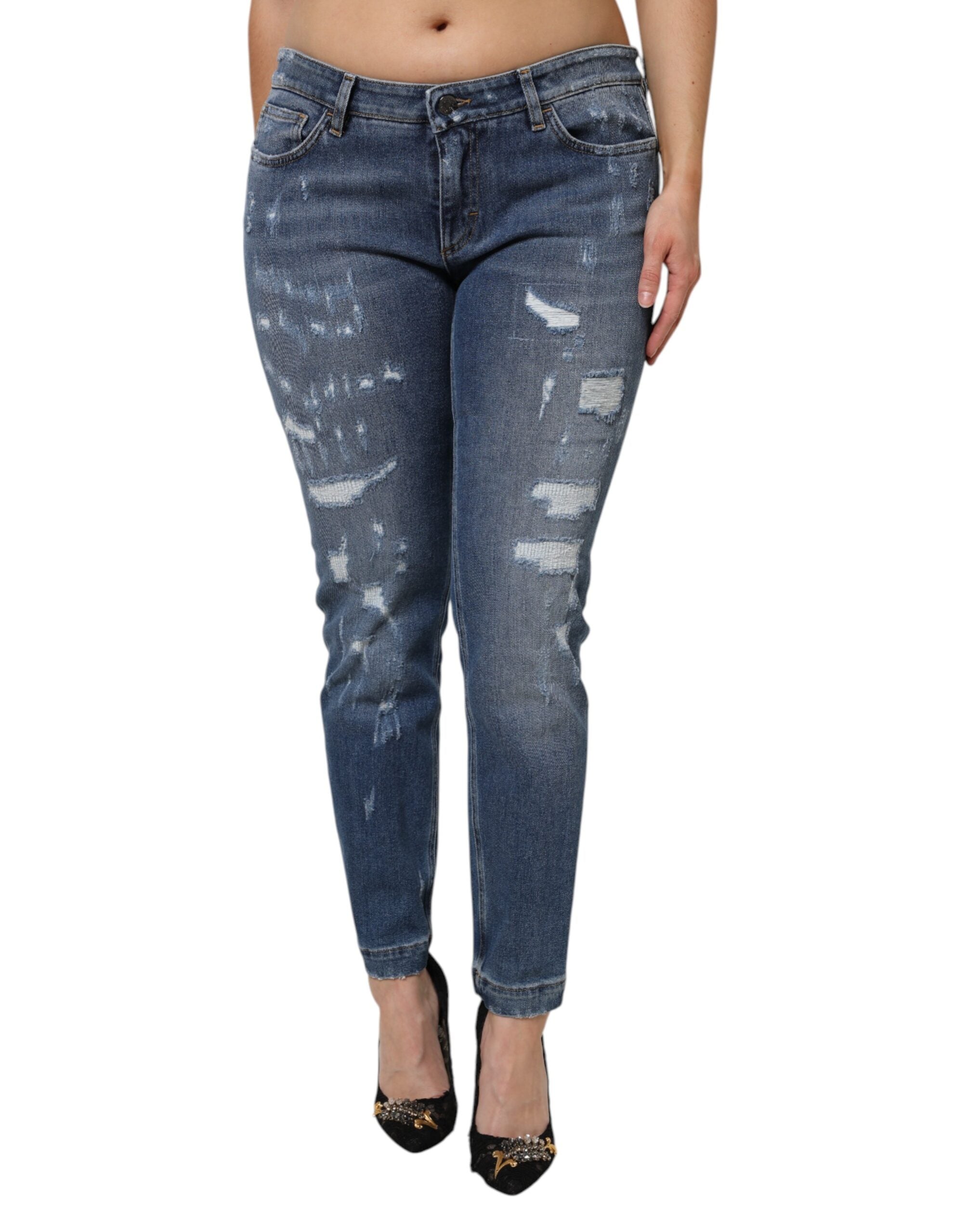 Dolce & Gabbana Blue Tattered Cotton Low Waist Denim Women's Jeans