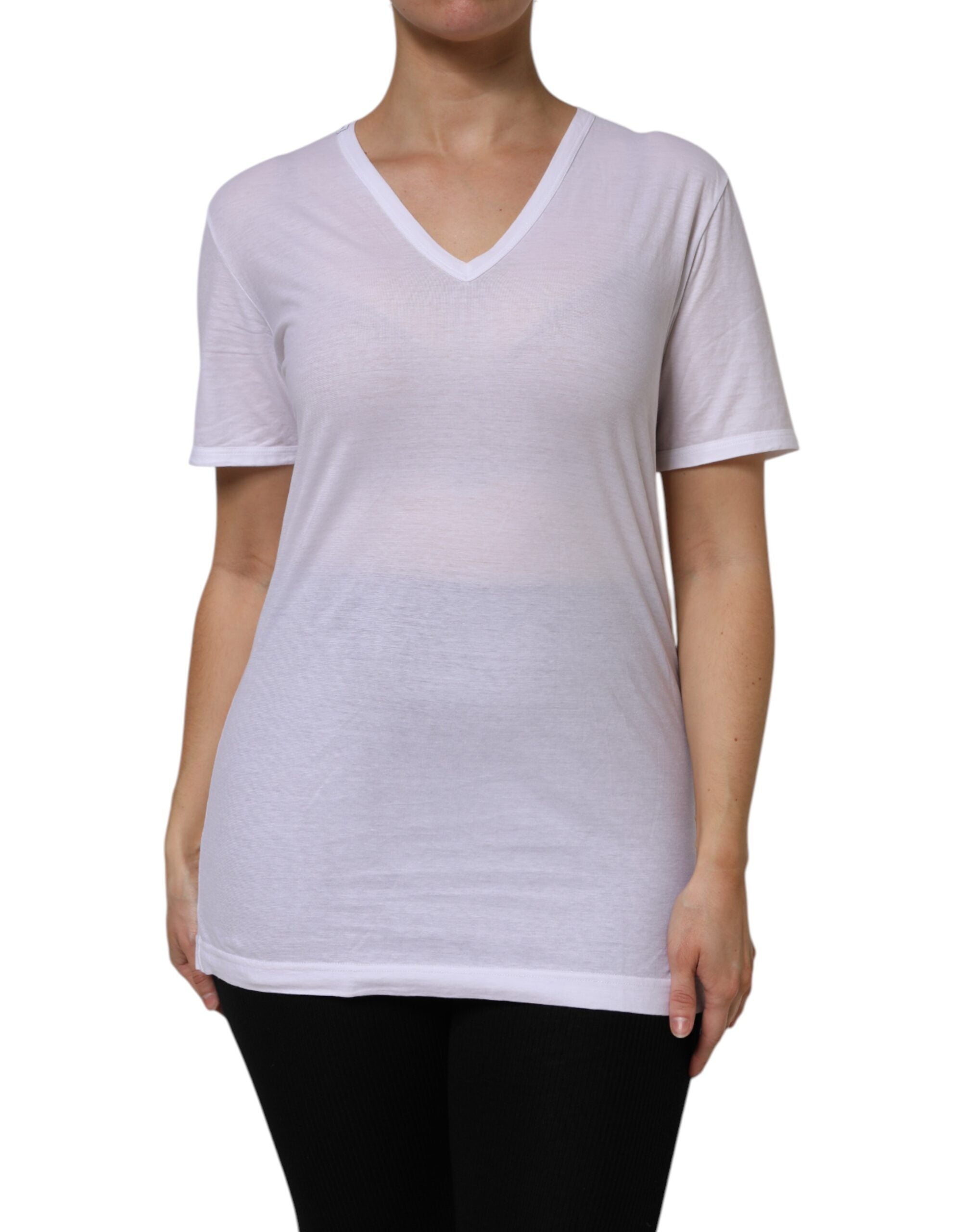 Dolce & Gabbana White Cotton Short Sleeves V-Neck Top Women's T-shirt