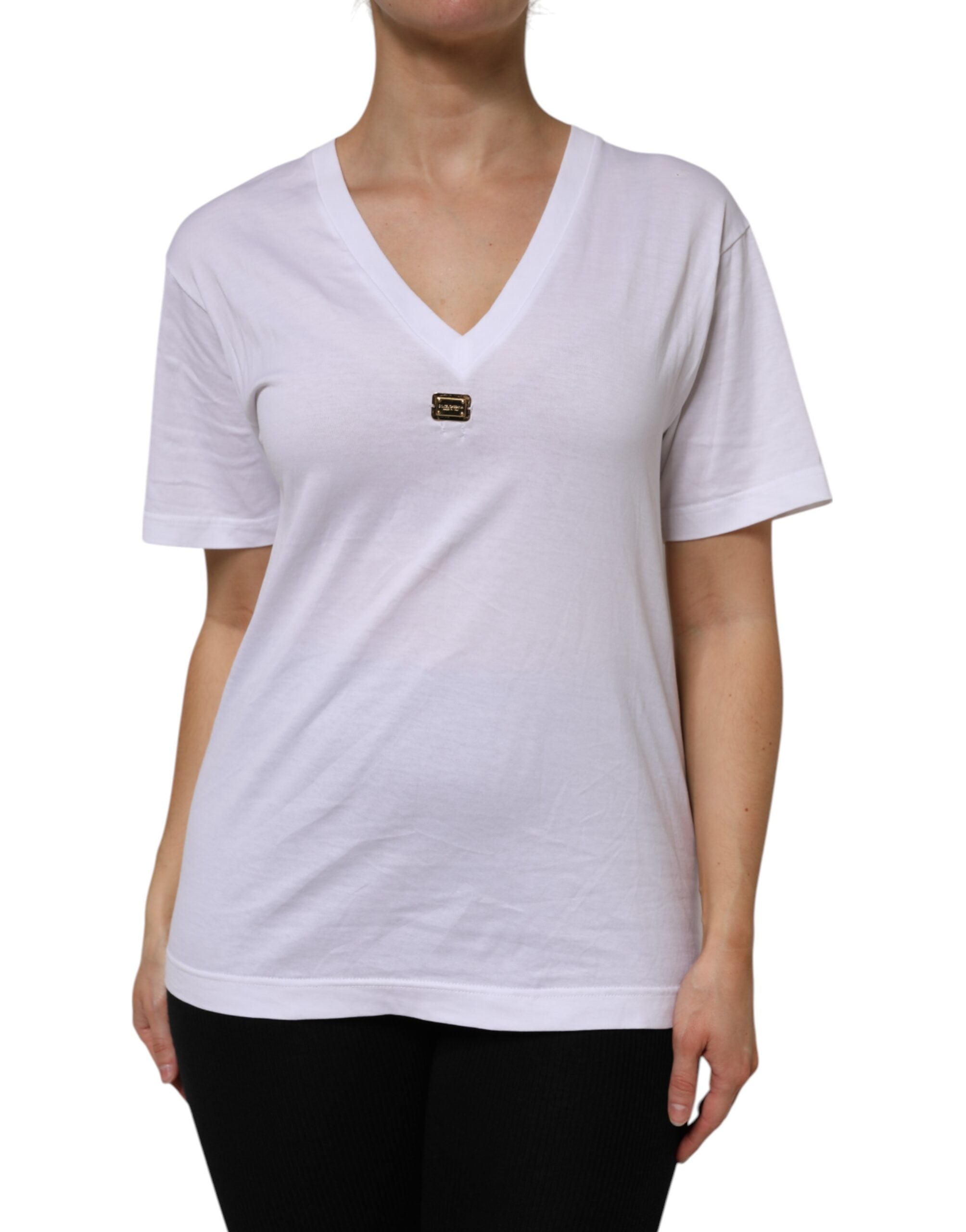 Dolce & Gabbana White Cotton Short Sleeve V-Neck Top Women's T-shirt (Pre-Owned)