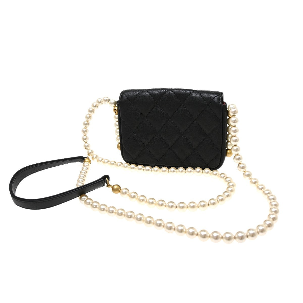 Chanel About Pearls Flap Card Holder With Chain Lambskin Black Leather Shoulder Bag Bag (Pre-Owned)
