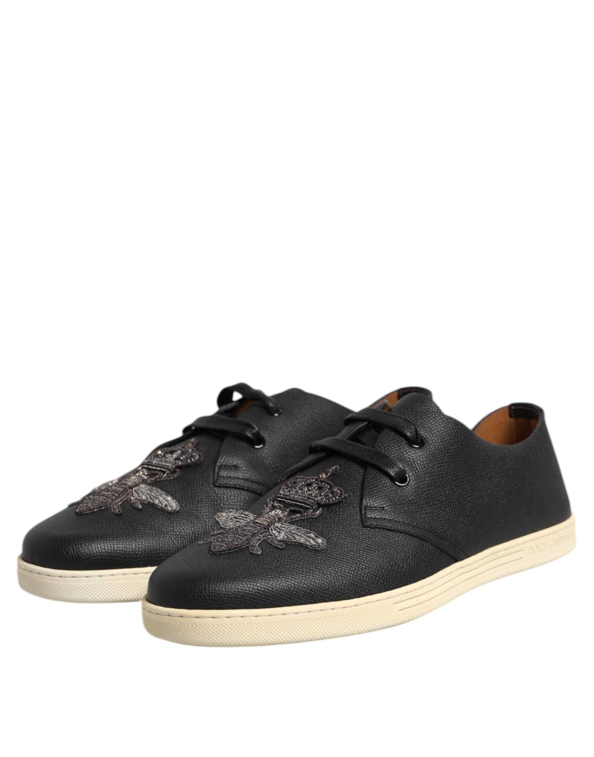Dolce & Gabbana Black Leather Bee Crown Low Top Sneakers Men's Shoes