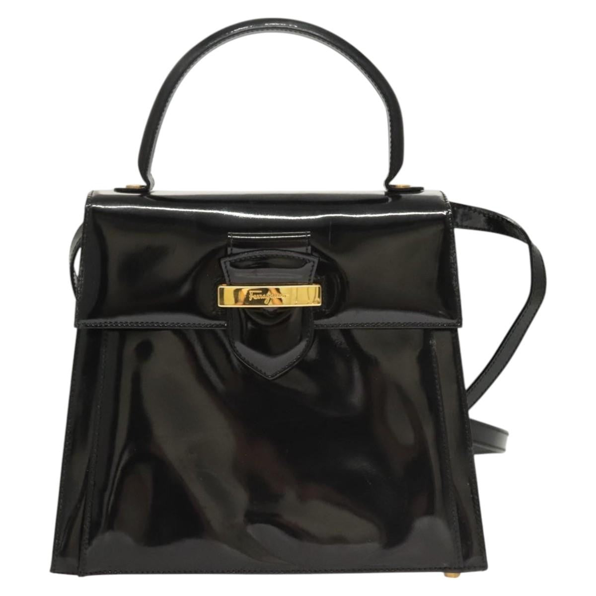 Salvatore Ferragamo Vintage Patent Leather Black Patent_Leather Handbag (Pre-Owned)