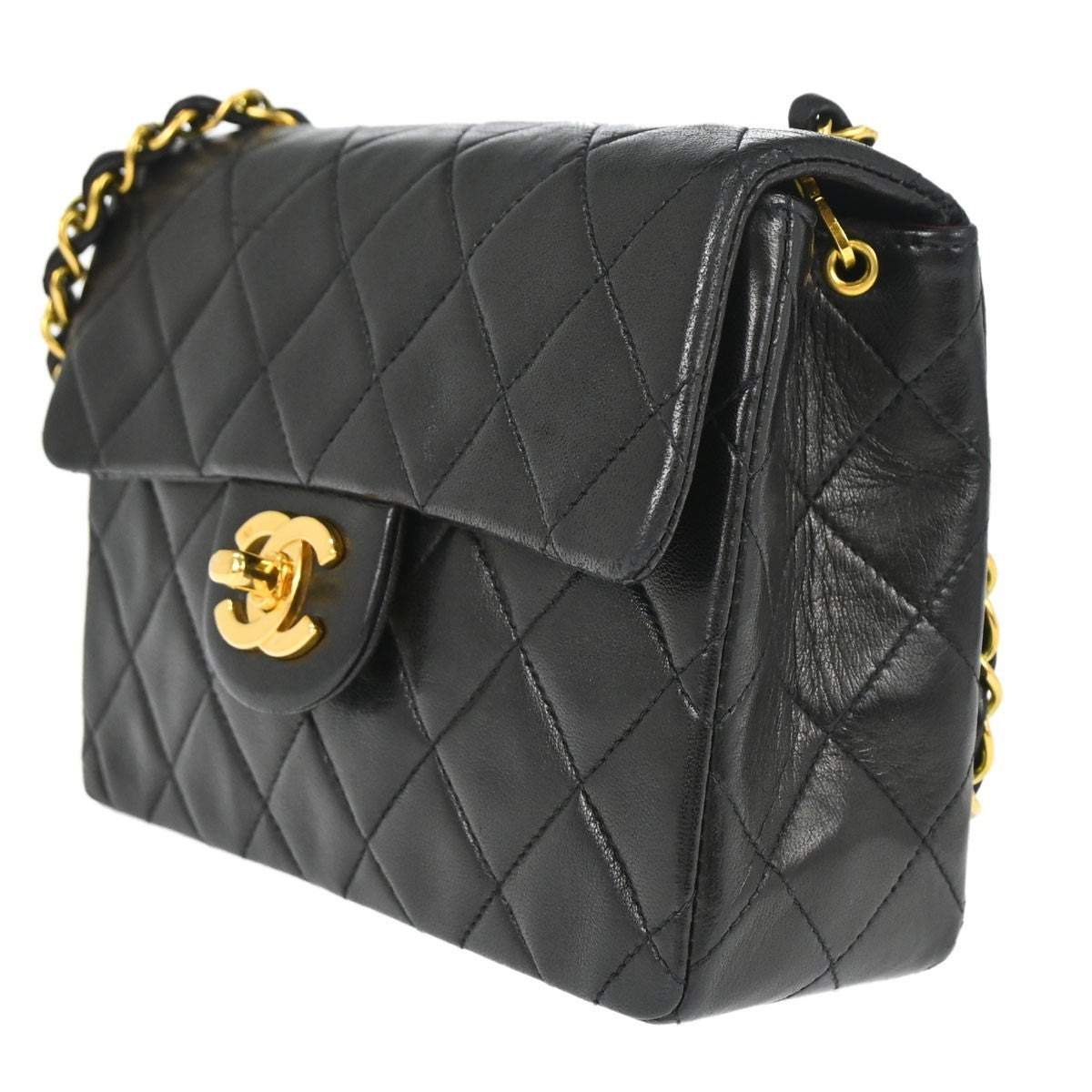 Chanel Vintage Square Classic Single Flap Quilted Lambskin Black Leather Shoulder Bag Bag (Pre-Owned)