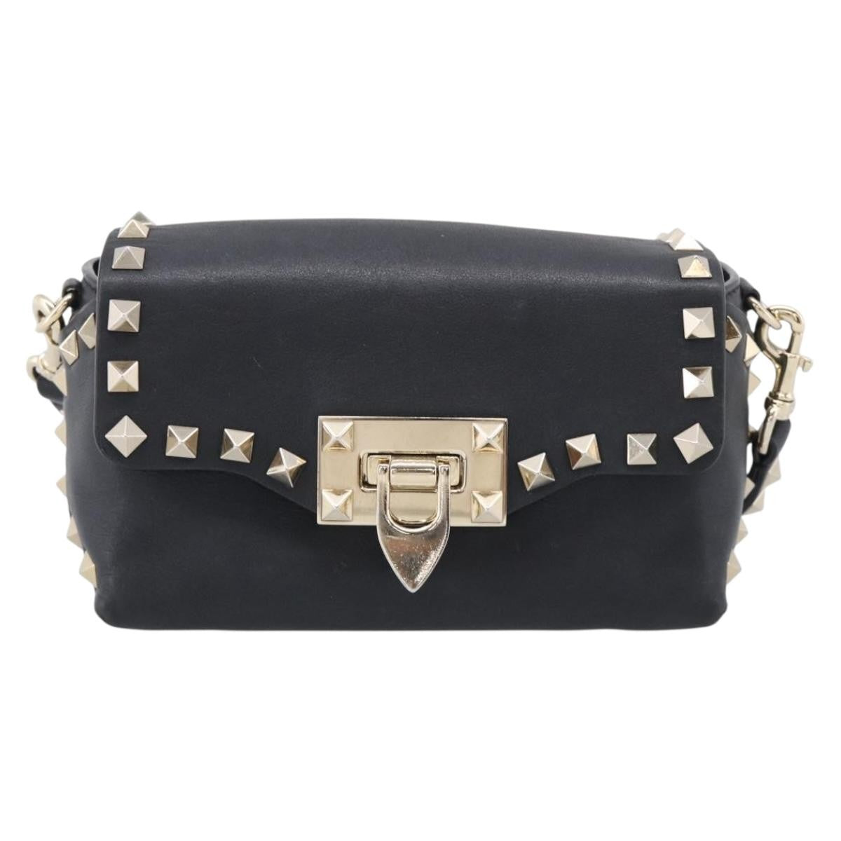 Valentino Garavani Rockstud Flip Lock Flap Leather Black Leather Handbag (Pre-Owned)